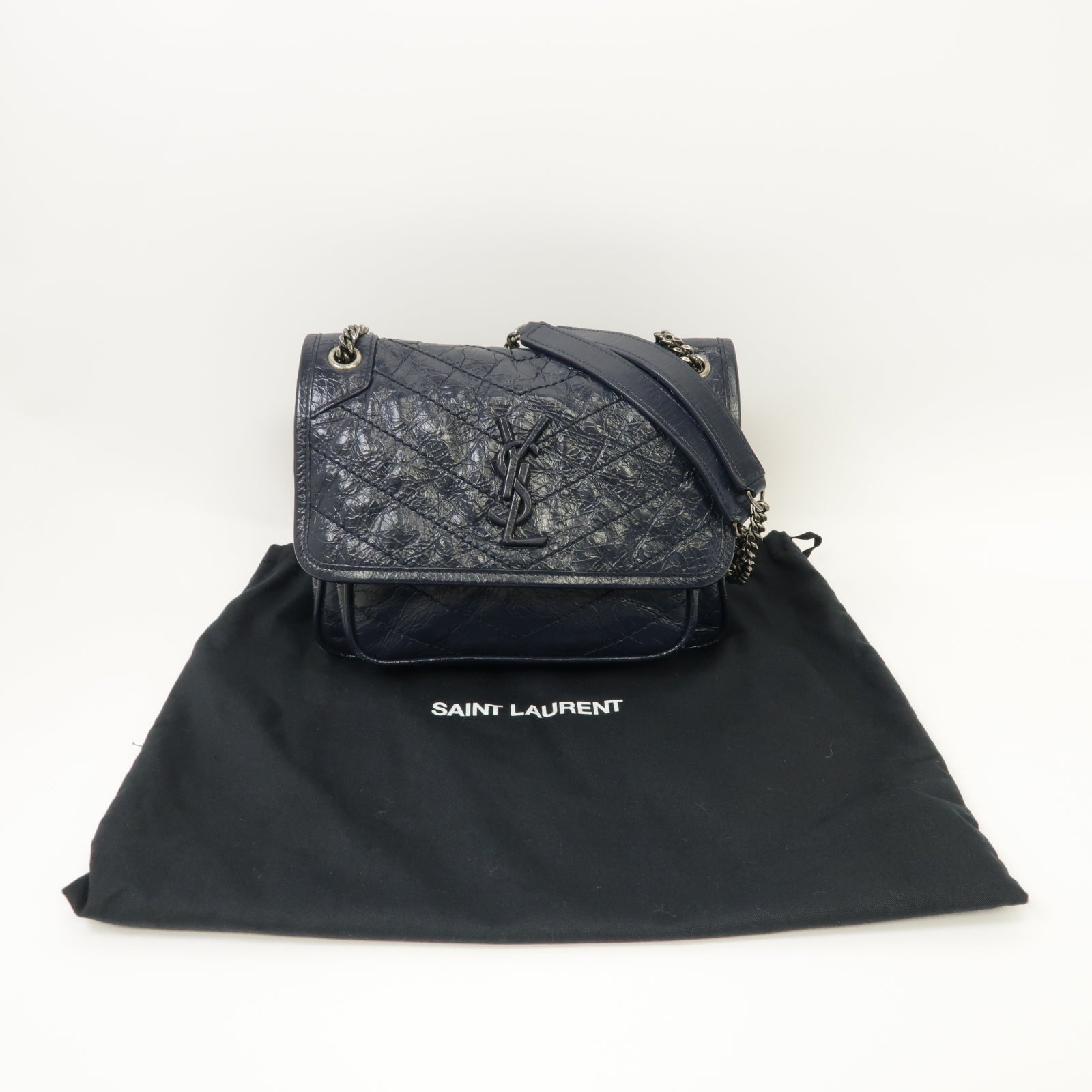 SAINT LAURENT 牛皮皮革Mini Niki Chain Shoulder Bag銀扣鏈帶肩背袋藍色