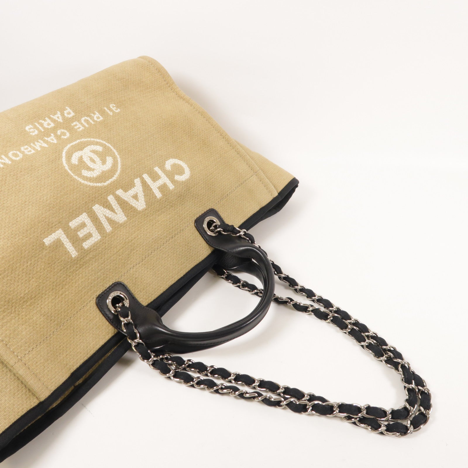 CHANEL 帆布Deauville Tote銀扣鏈帶手挽肩背兩用袋