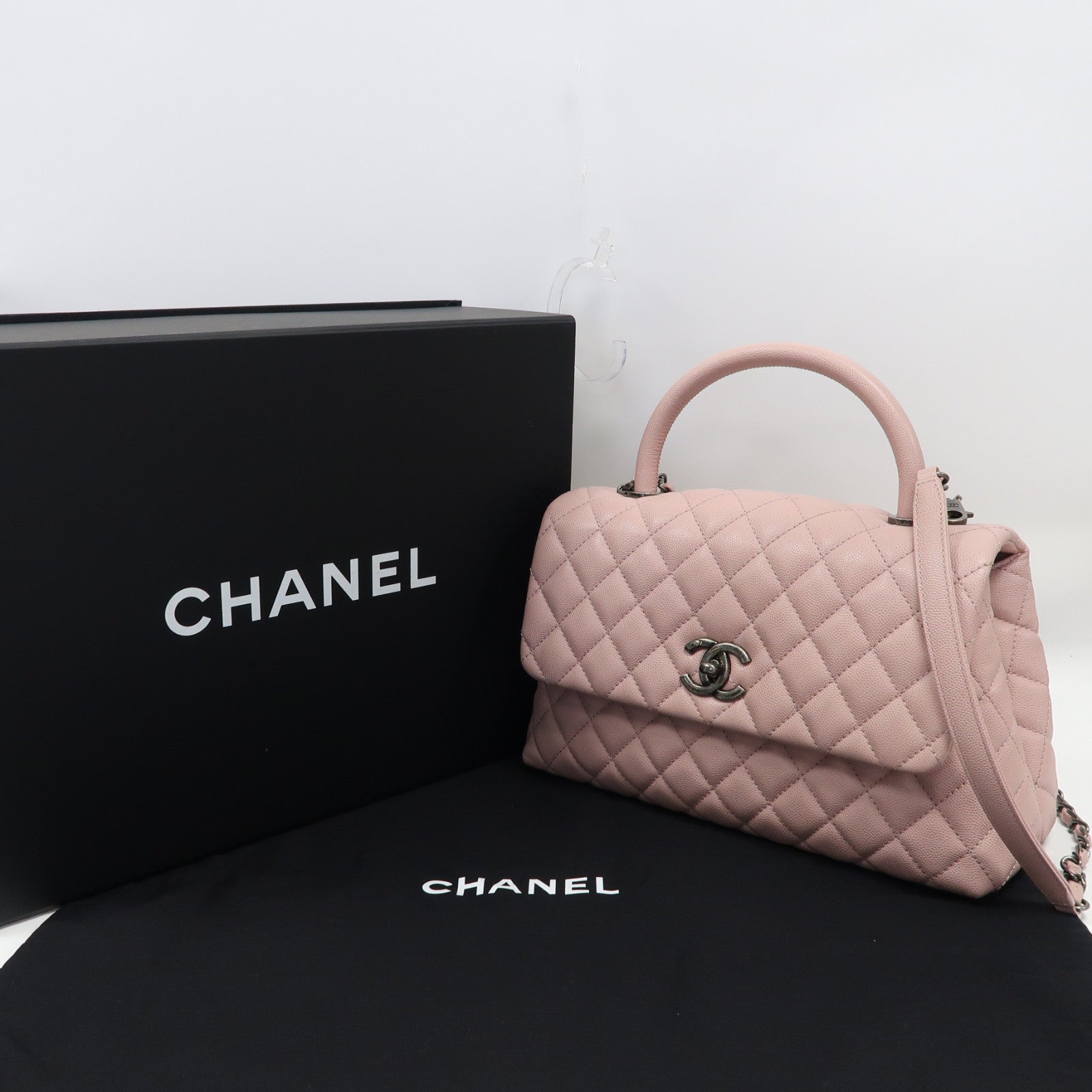 CHANEL 菱格Caviar皮革Coco Handle銀扣手挽肩背兩用袋粉紅色