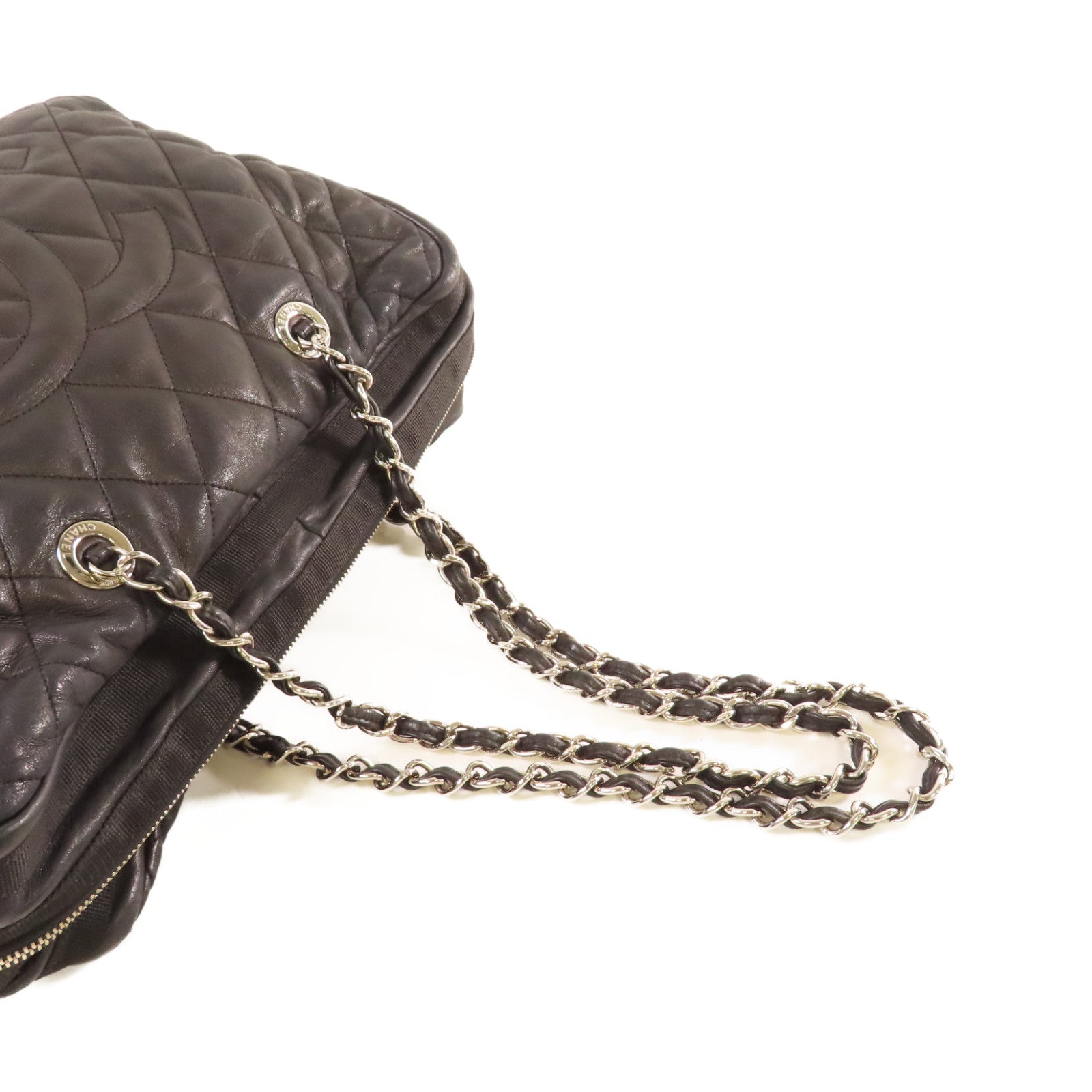 CHANEL 【激減優惠】菱格牛皮皮革Chain Tote Bag銀扣鏈帶肩背袋黑色