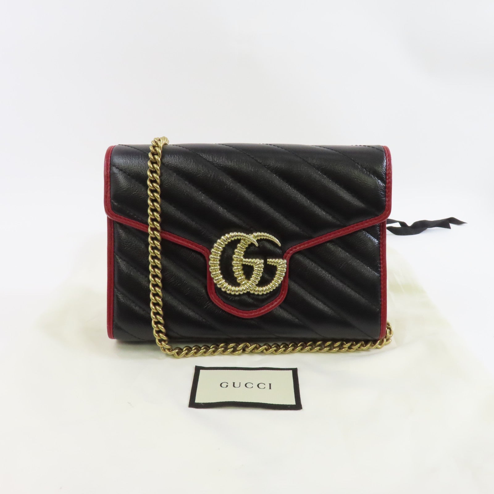 GUCCI 牛皮皮革Chain Shoulder Bag金扣鏈帶肩背袋黑色/紅色