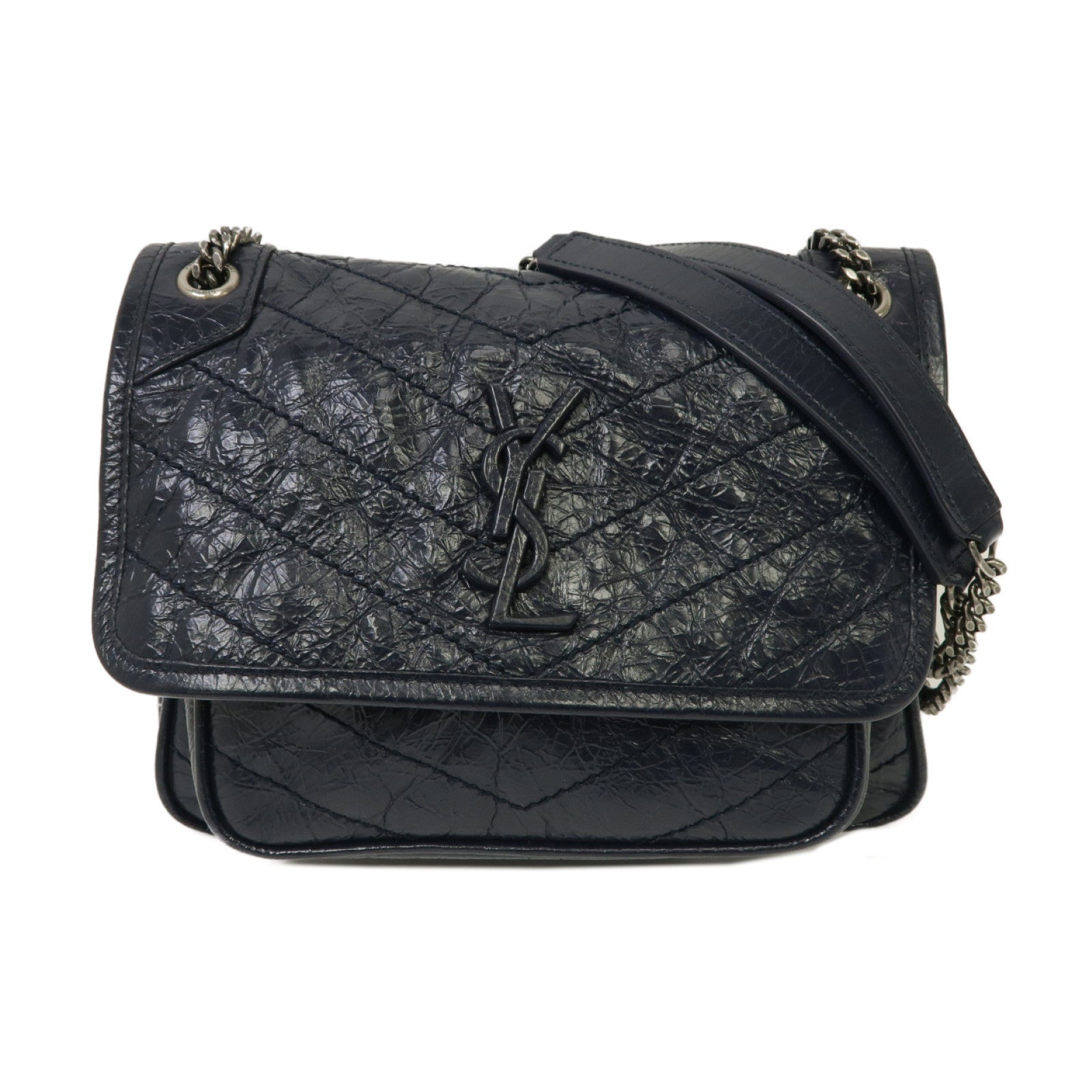 SAINT LAURENT 牛皮皮革Mini Niki Chain Shoulder Bag銀扣鏈帶肩背袋藍色