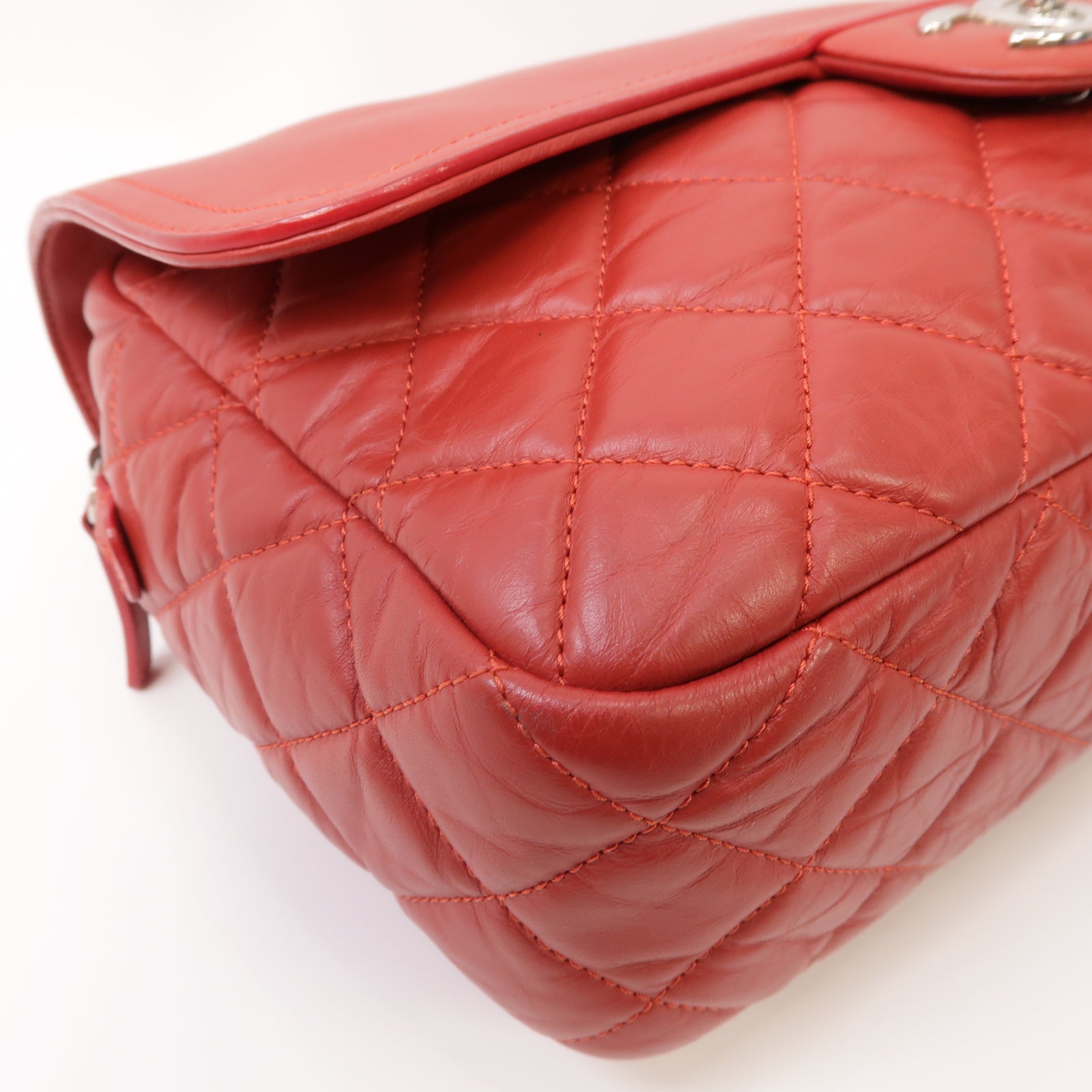 CHANEL 【激減優惠】菱格Aged Calf皮革Chain Shoulder Bag銀扣鏈帶肩背袋紅色