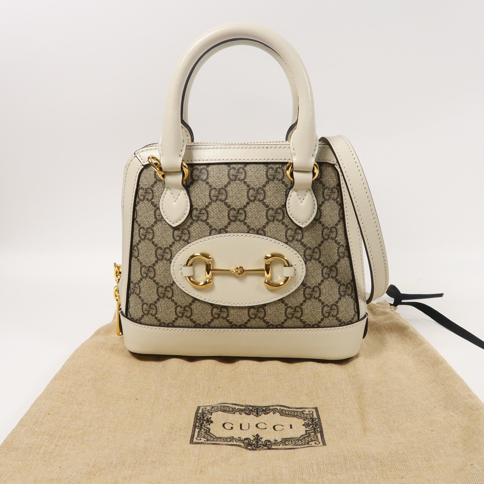 GUCCI 牛皮皮革/塗層帆布Horsebit 1955金扣手挽肩背兩用袋白色/灰色