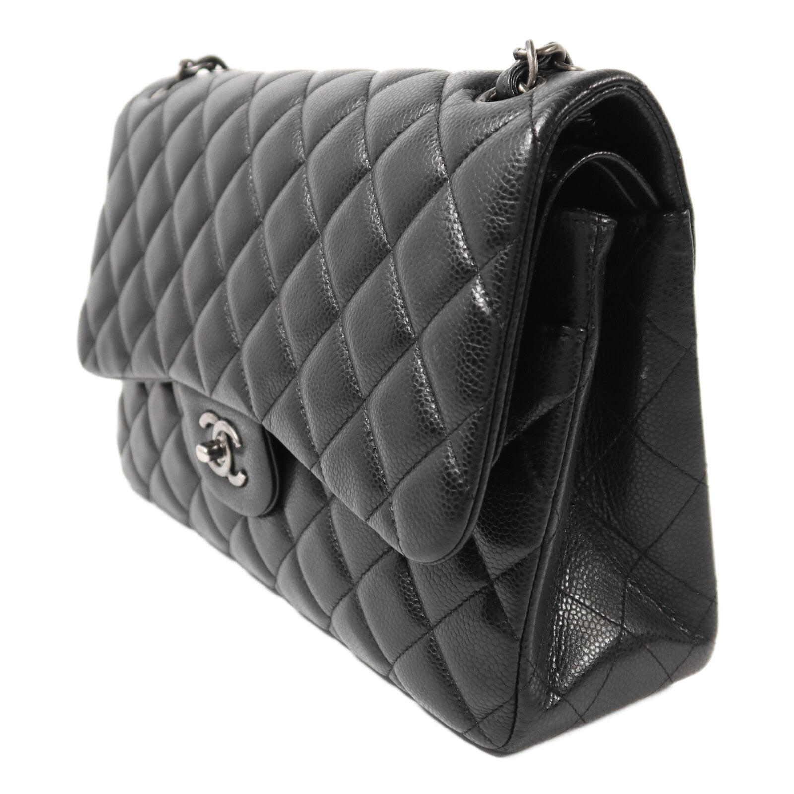 CHANEL 牛皮皮革Large Classic銀扣鏈帶肩背袋