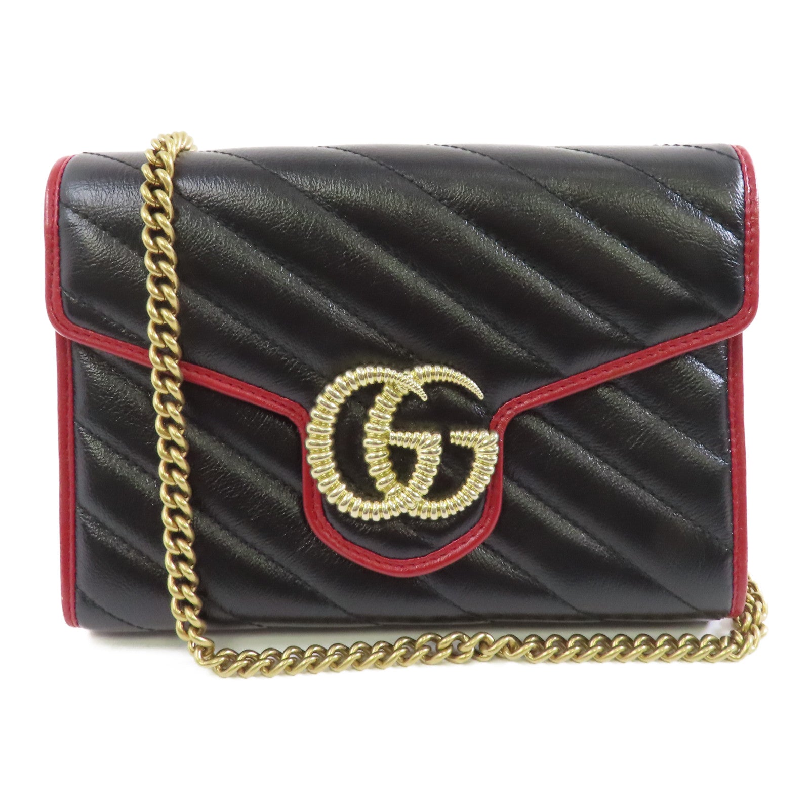 GUCCI 牛皮皮革Chain Shoulder Bag金扣鏈帶肩背袋黑色/紅色