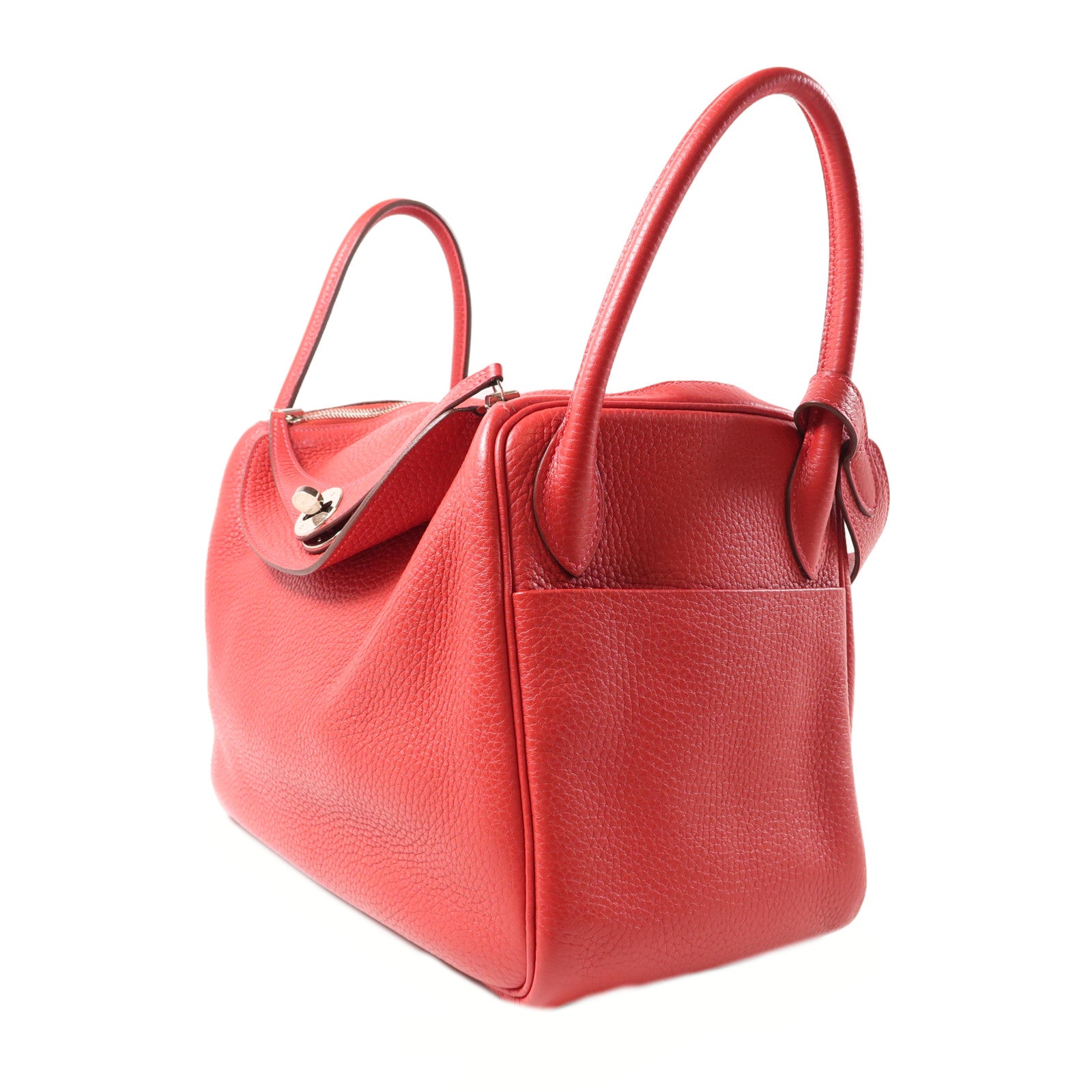 HERMES Clemence皮革Lindy 30銀扣手挽肩背兩用袋Rouge Casaque紅色