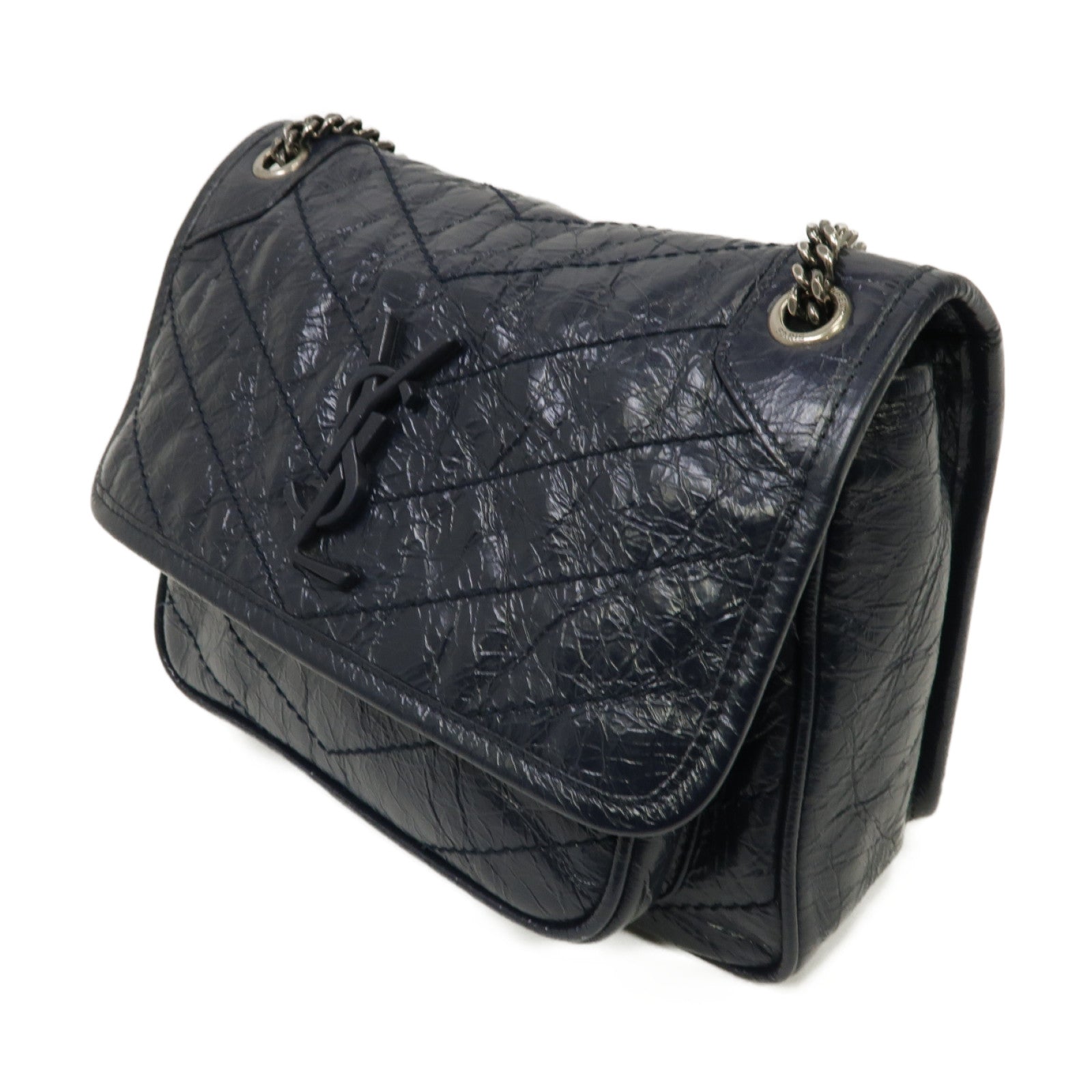 SAINT LAURENT 牛皮皮革Mini Niki Chain Shoulder Bag銀扣鏈帶肩背袋藍色