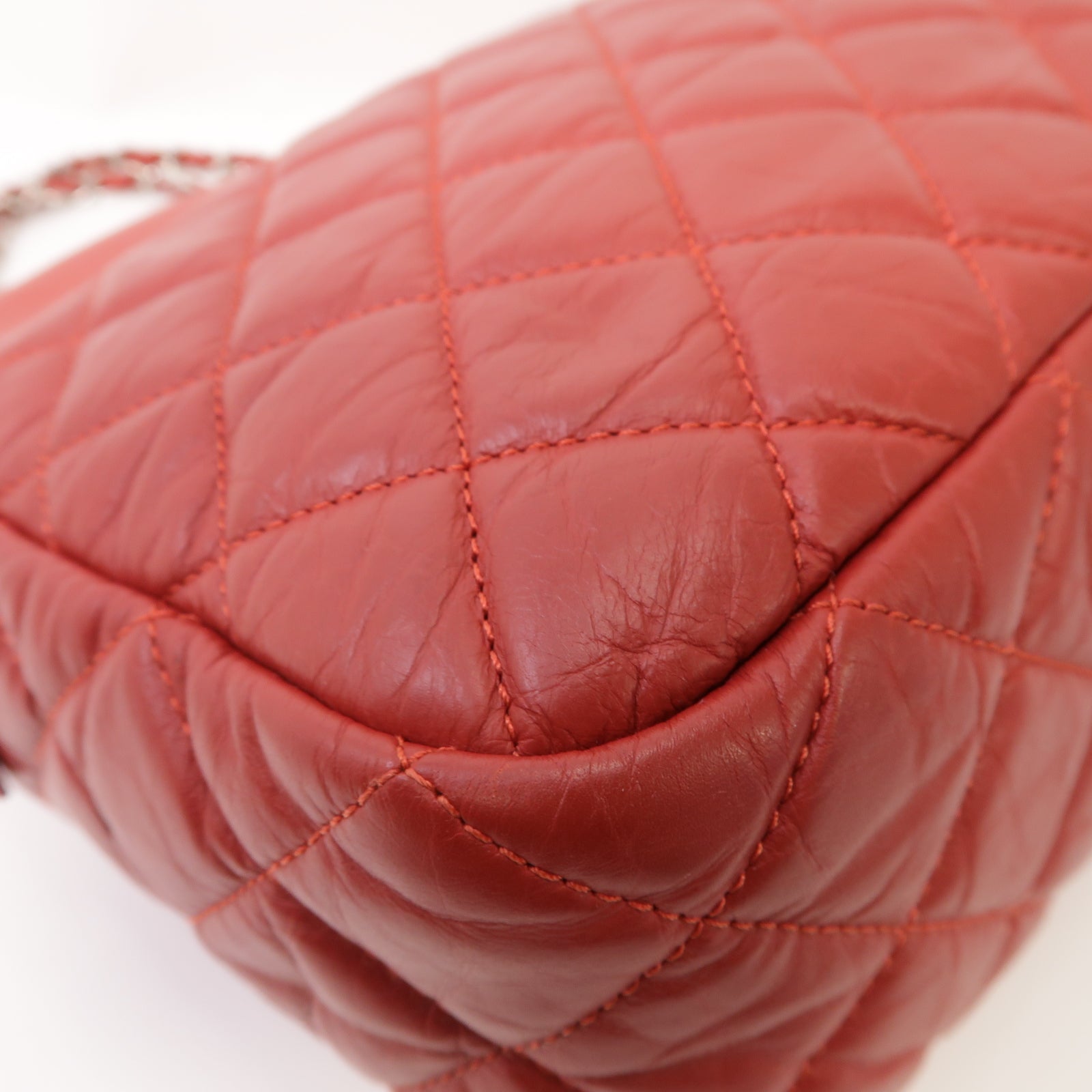 CHANEL 【激減優惠】菱格Aged Calf皮革Chain Shoulder Bag銀扣鏈帶肩背袋紅色