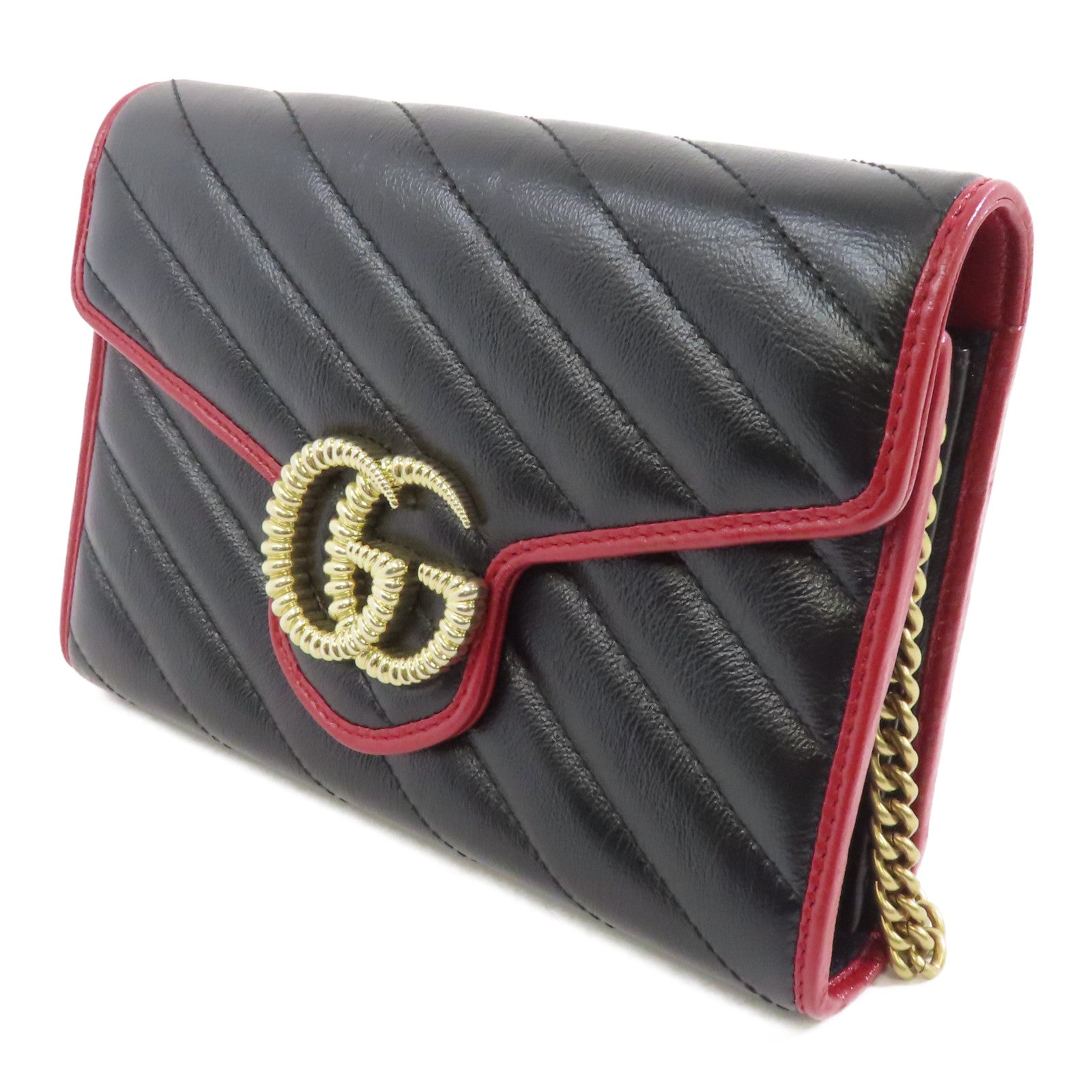 GUCCI 牛皮皮革Chain Shoulder Bag金扣鏈帶肩背袋黑色/紅色