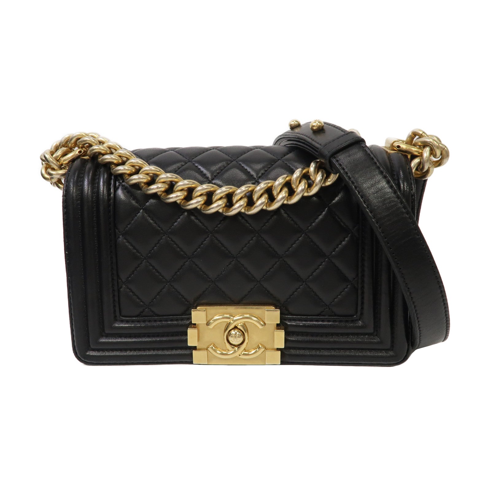 CHANEL 【激減優惠】菱格羊皮皮革Boy 20金扣鏈帶肩背袋黑色