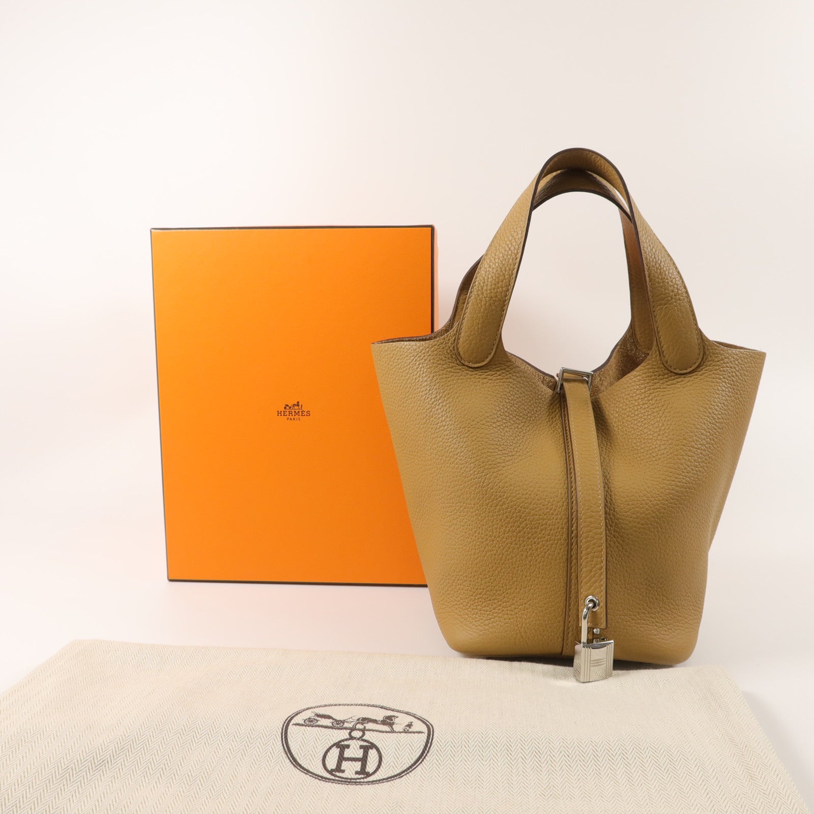 HERMES Clemence皮革Picotin PM手挽袋Biscuit