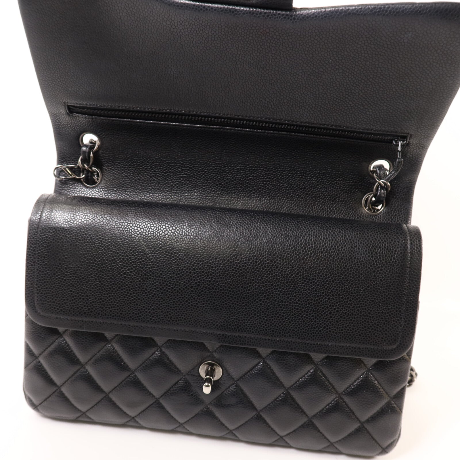 CHANEL 牛皮皮革Large Classic銀扣鏈帶肩背袋