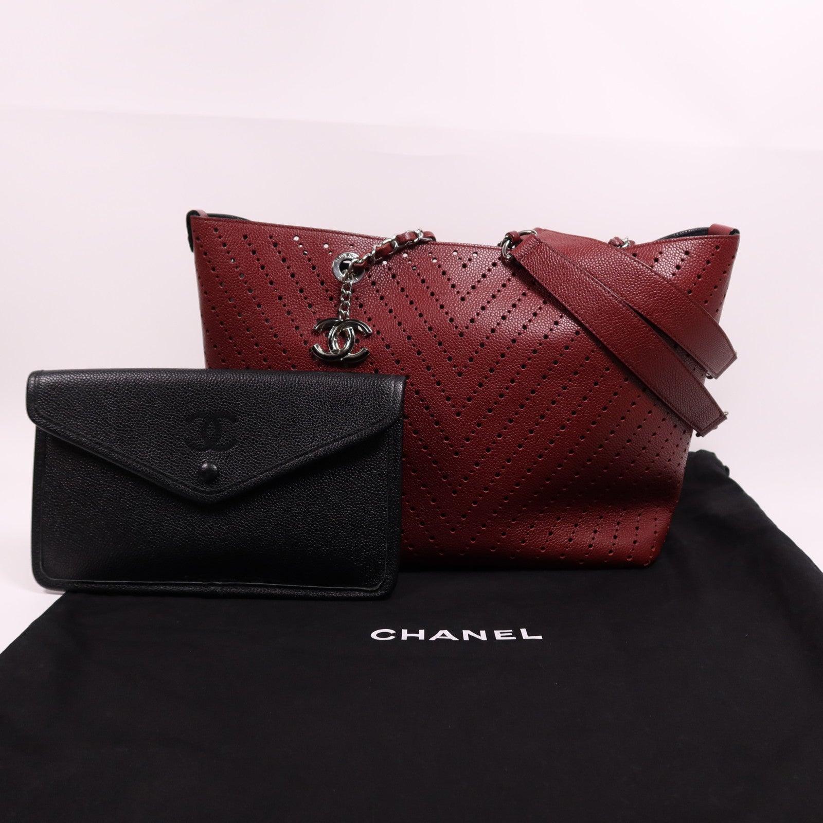 CHANEL 牛皮皮革Tote Bag銀扣鏈帶肩背袋