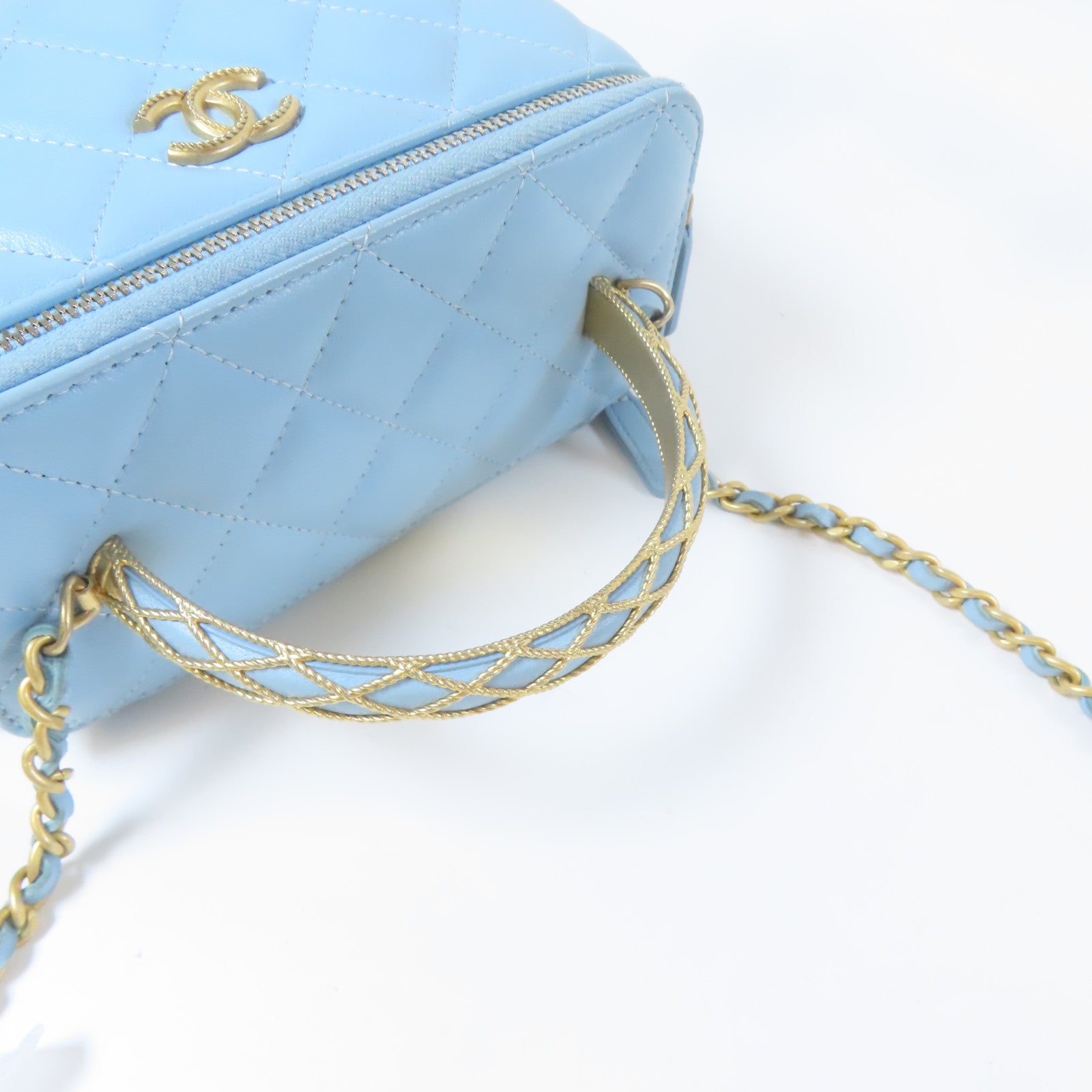 CHANEL 【激減優惠】菱格羊皮皮革Top Handle Vanity金扣手挽肩背兩用袋藍色