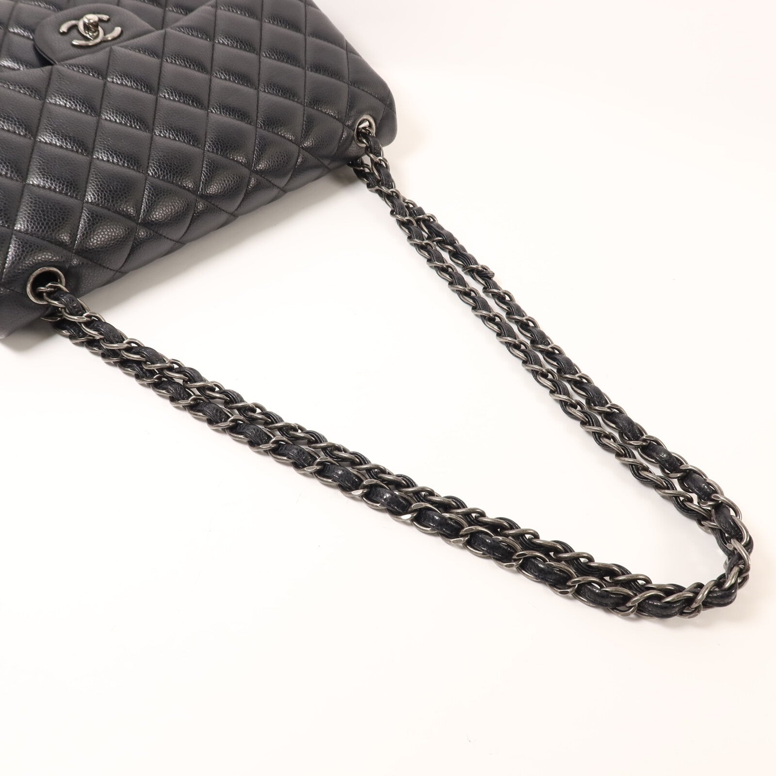 CHANEL 牛皮皮革Large Classic銀扣鏈帶肩背袋