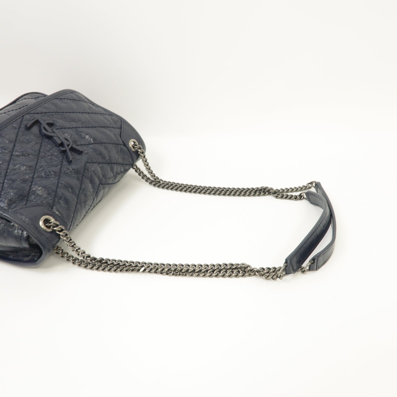 SAINT LAURENT 牛皮皮革Mini Niki Chain Shoulder Bag銀扣鏈帶肩背袋藍色