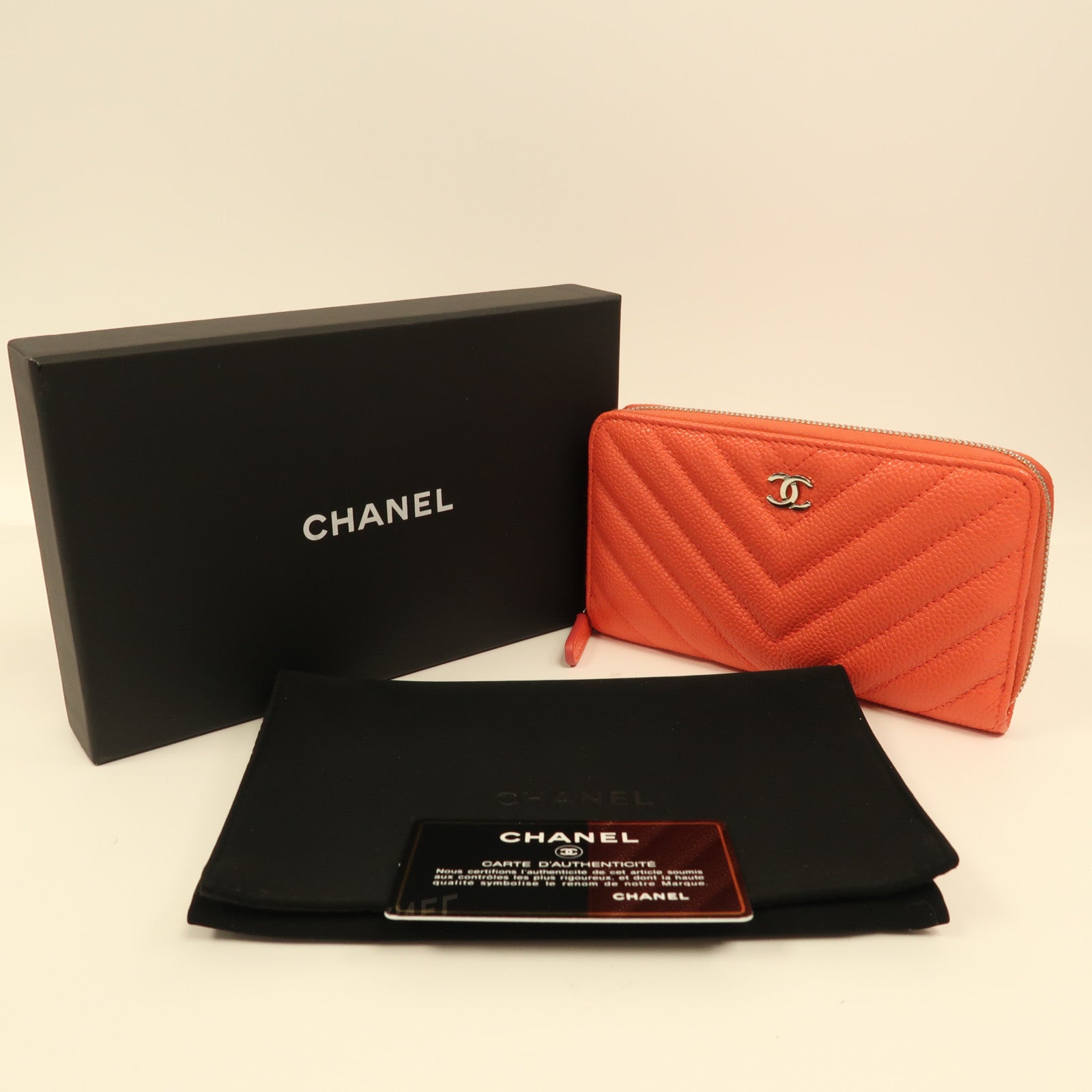 CHANEL 牛皮皮革Long Wallet銀扣長錢包橙色