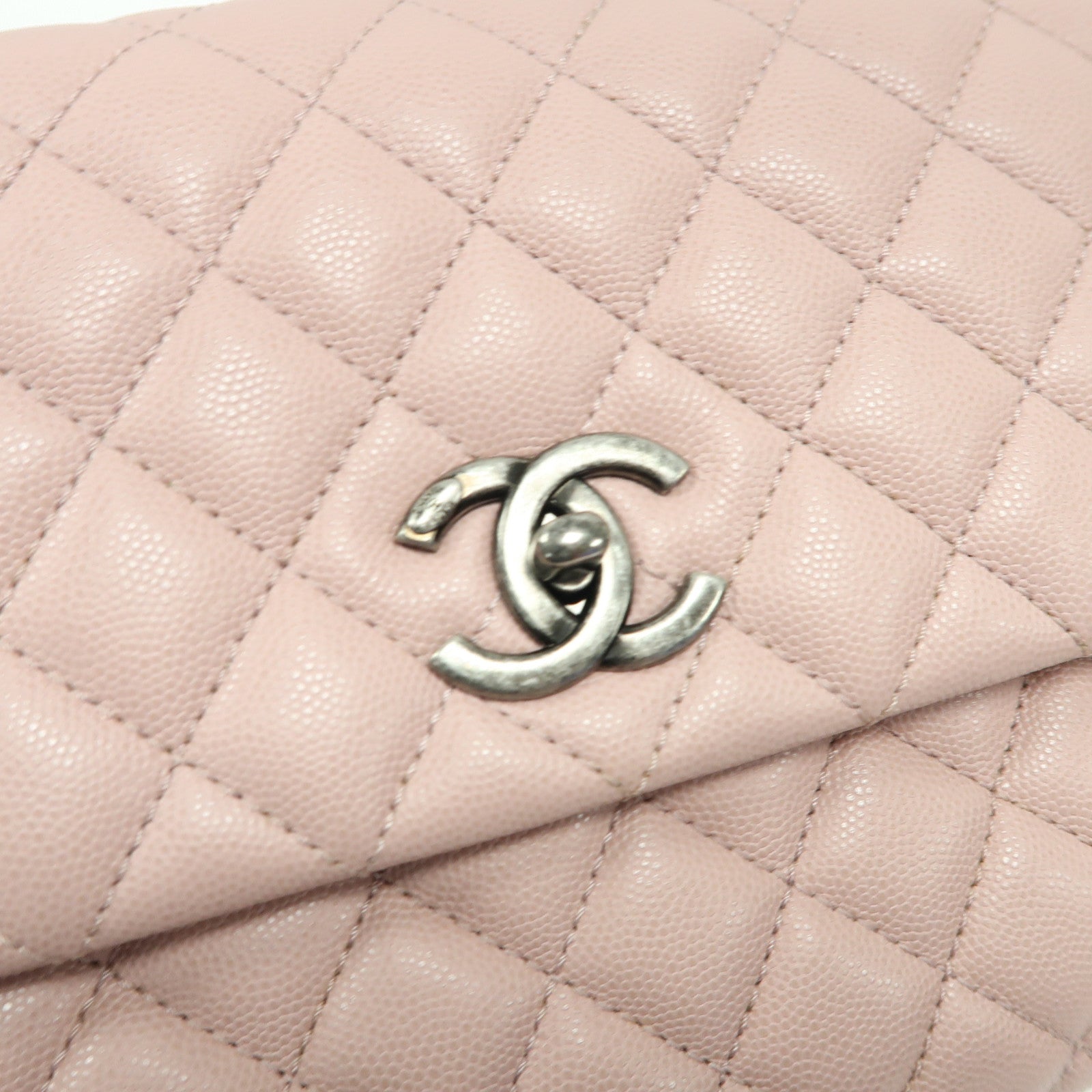 CHANEL 菱格Caviar皮革Coco Handle銀扣手挽肩背兩用袋粉紅色