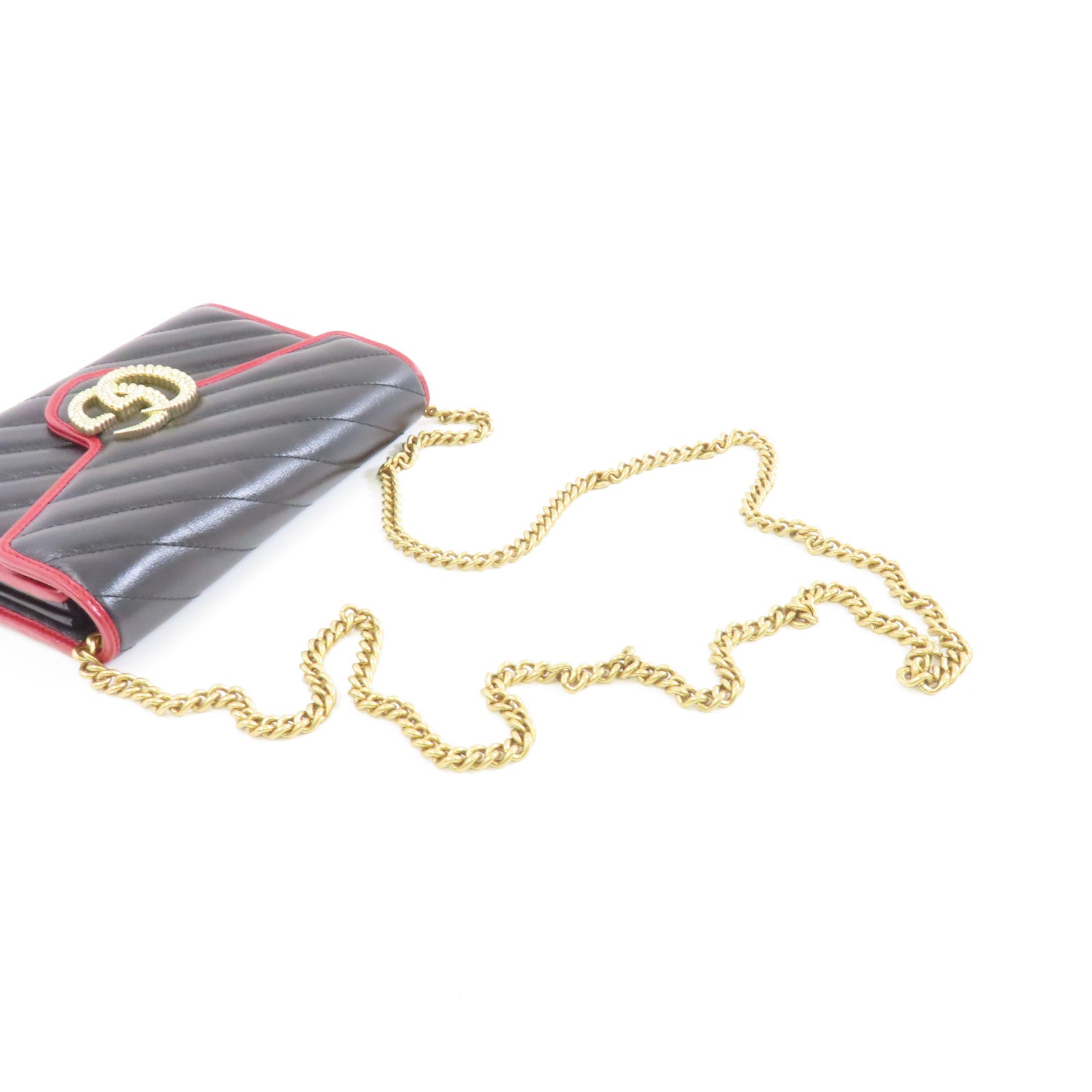 GUCCI 牛皮皮革Chain Shoulder Bag金扣鏈帶肩背袋黑色/紅色