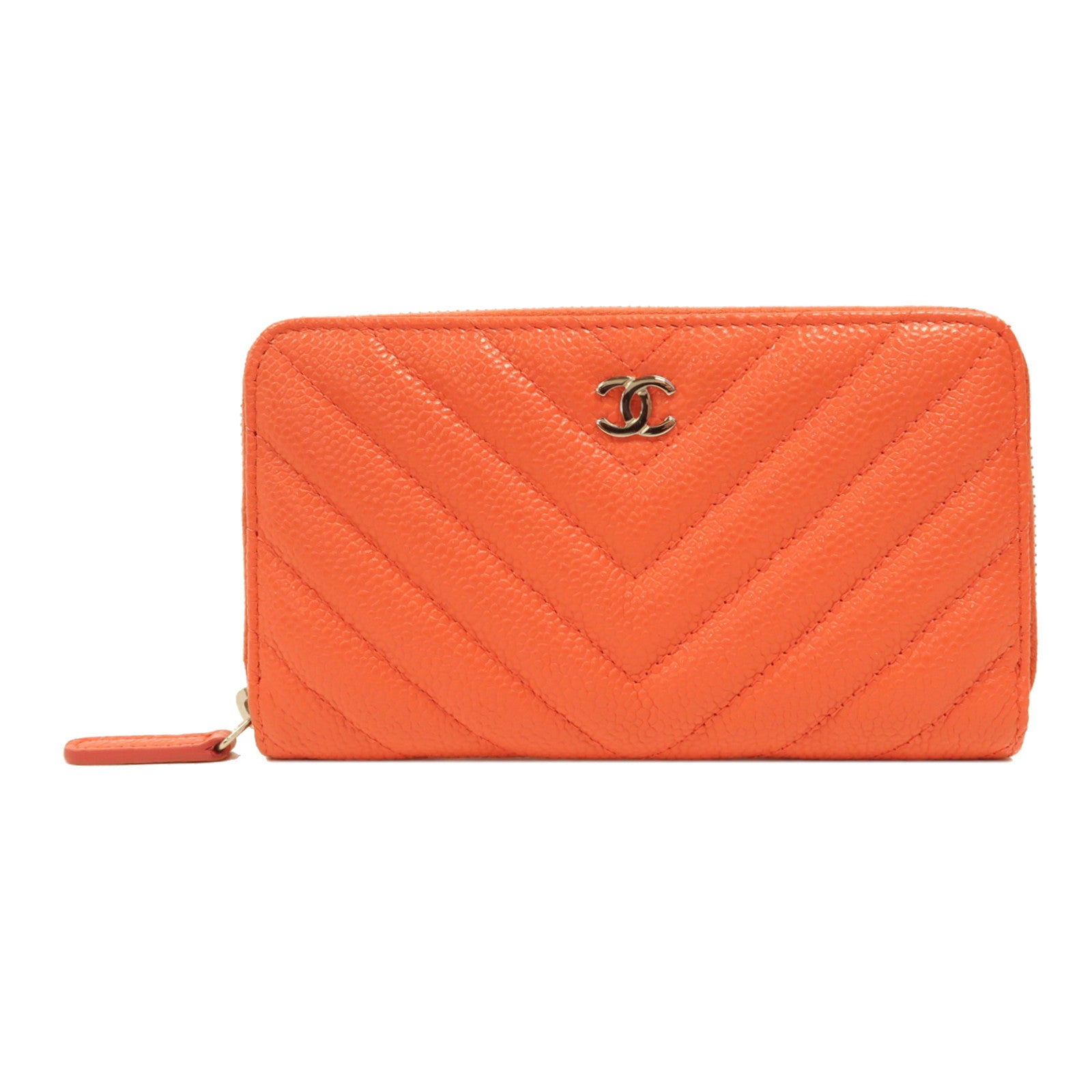 CHANEL 牛皮皮革Long Wallet銀扣長錢包橙色