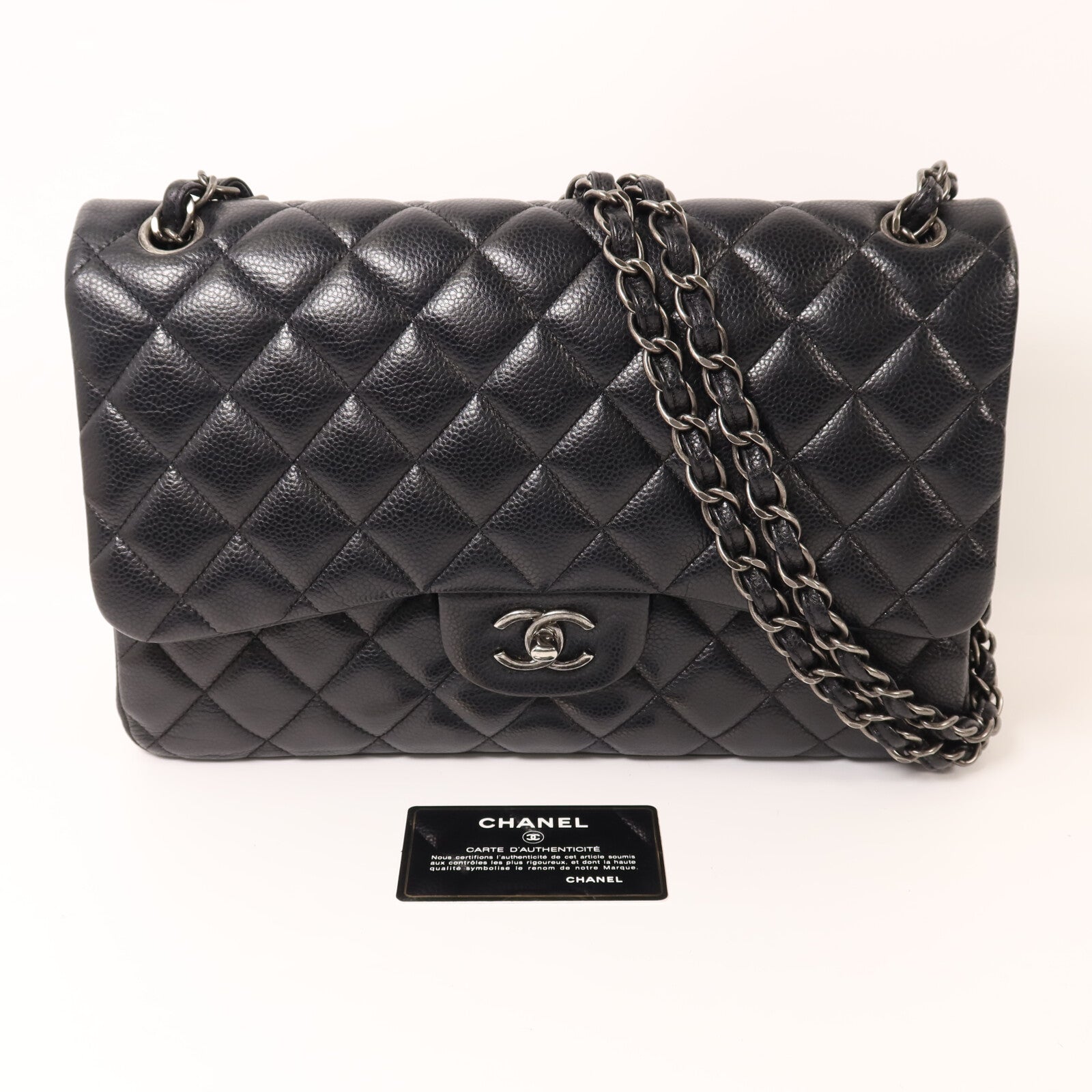 CHANEL 牛皮皮革Large Classic銀扣鏈帶肩背袋