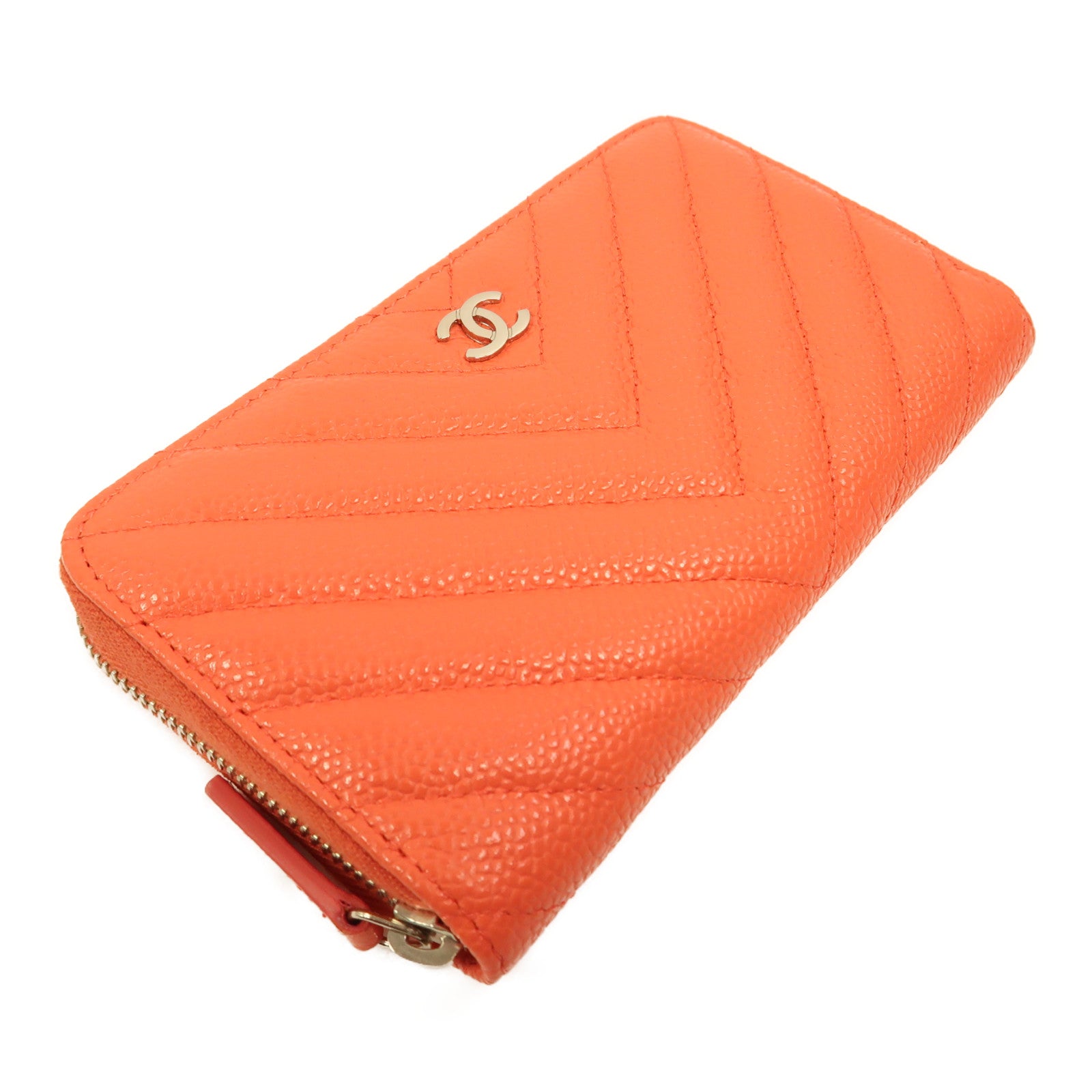 CHANEL 牛皮皮革Long Wallet銀扣長錢包橙色