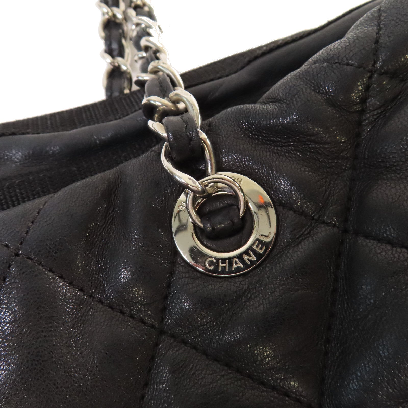 CHANEL 【激減優惠】菱格牛皮皮革Chain Tote Bag銀扣鏈帶肩背袋黑色