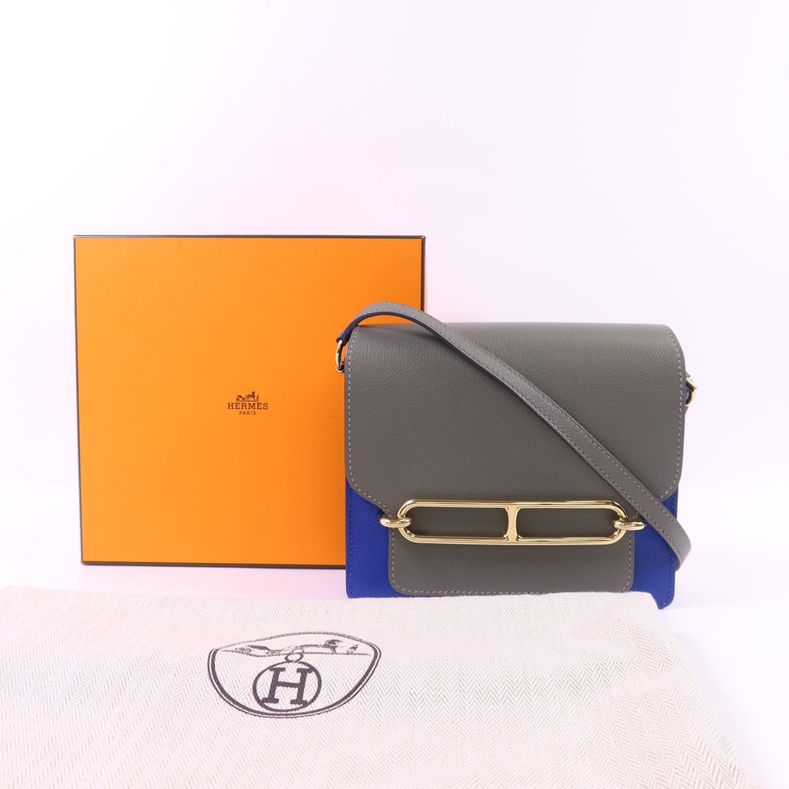 HERMES Evercolor皮革Roulis Mini金扣肩背袋灰色/藍色