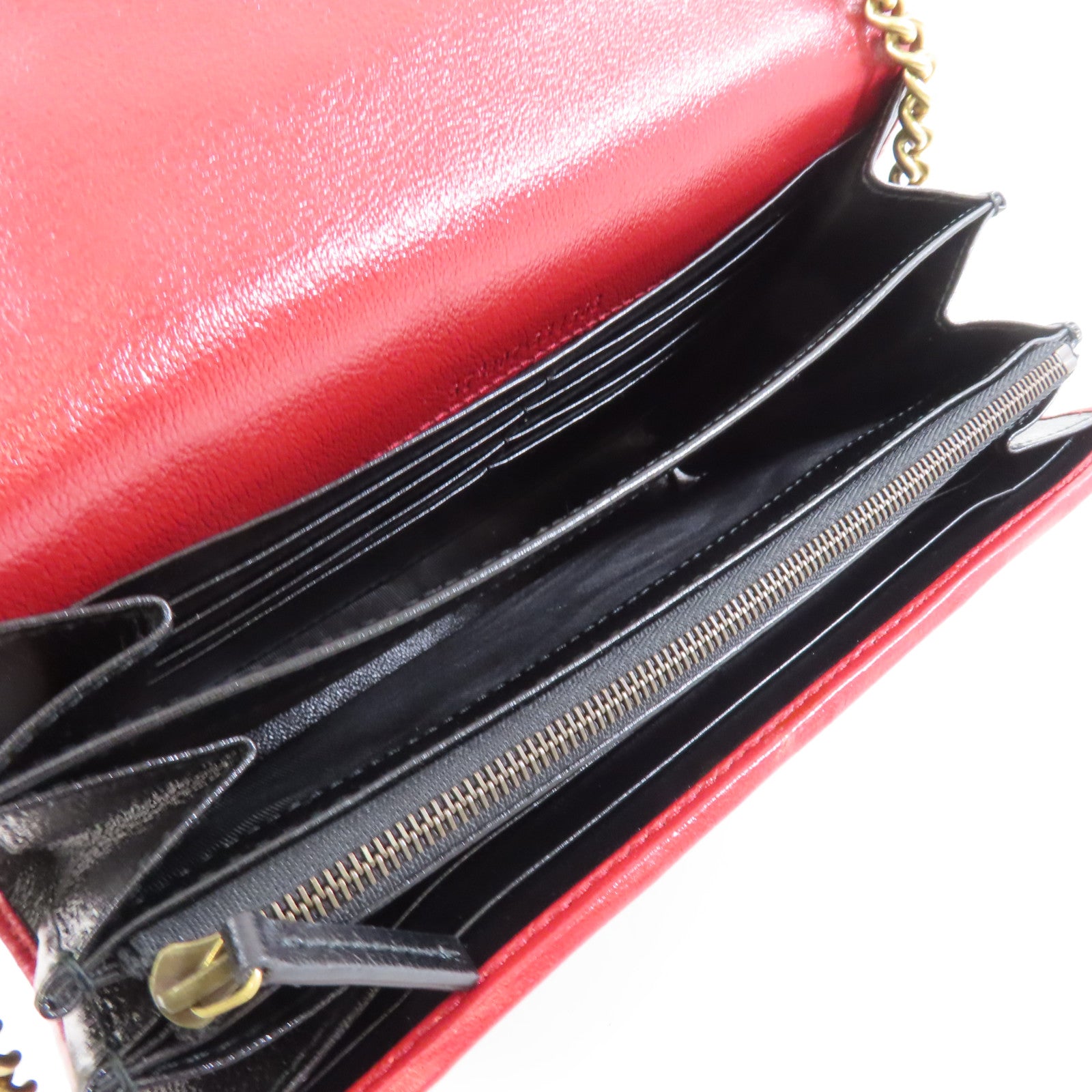GUCCI 牛皮皮革Chain Shoulder Bag金扣鏈帶肩背袋黑色/紅色