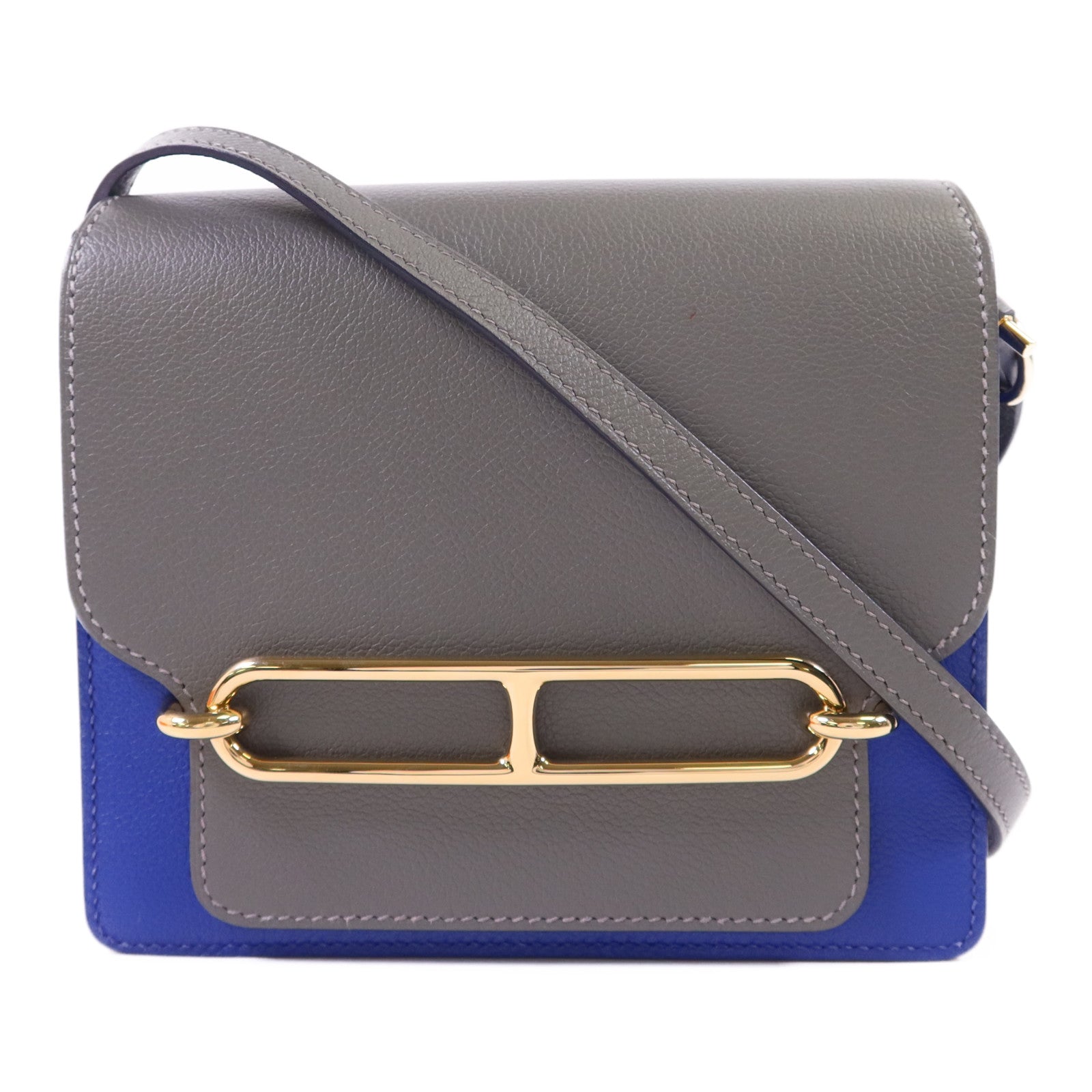 HERMES Evercolor皮革Roulis Mini金扣肩背袋灰色/藍色
