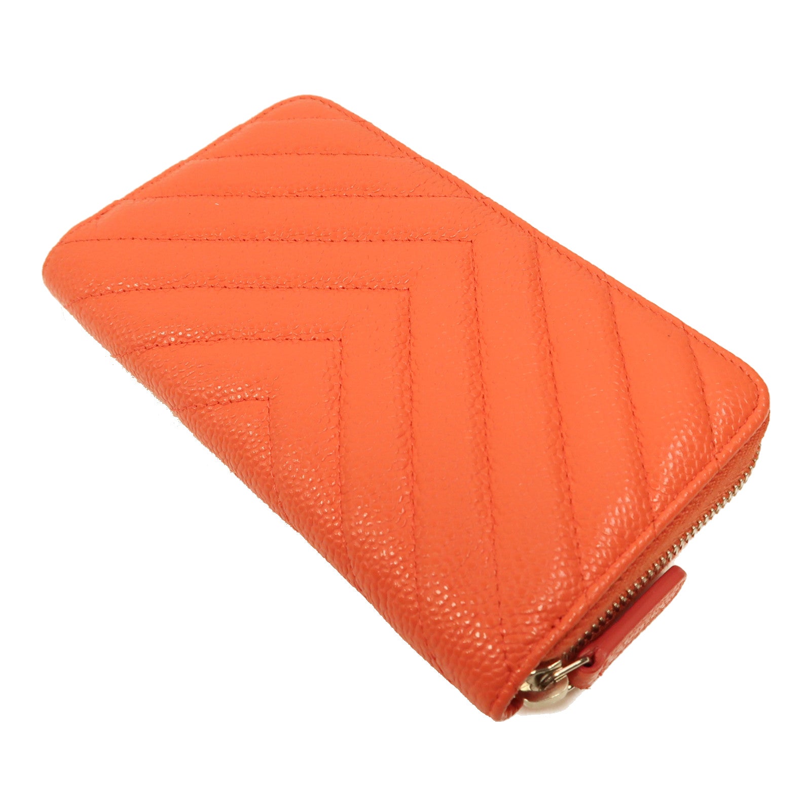 CHANEL 牛皮皮革Long Wallet銀扣長錢包橙色
