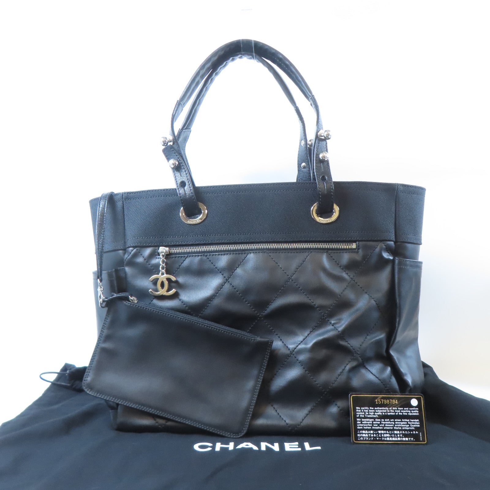 CHANEL 塗層帆布Tote Bag銀扣手挽袋黑色