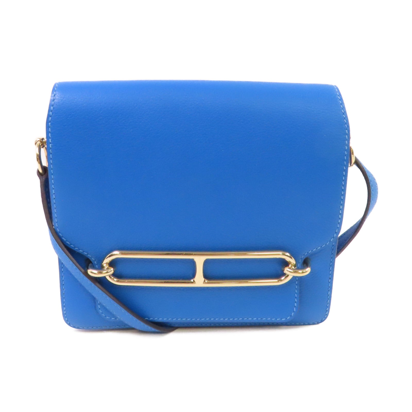 HERMES Evercolour皮革Mini Roulis Shoulder Bag金扣肩背袋T7 Bleu Saphir/寶石藍色