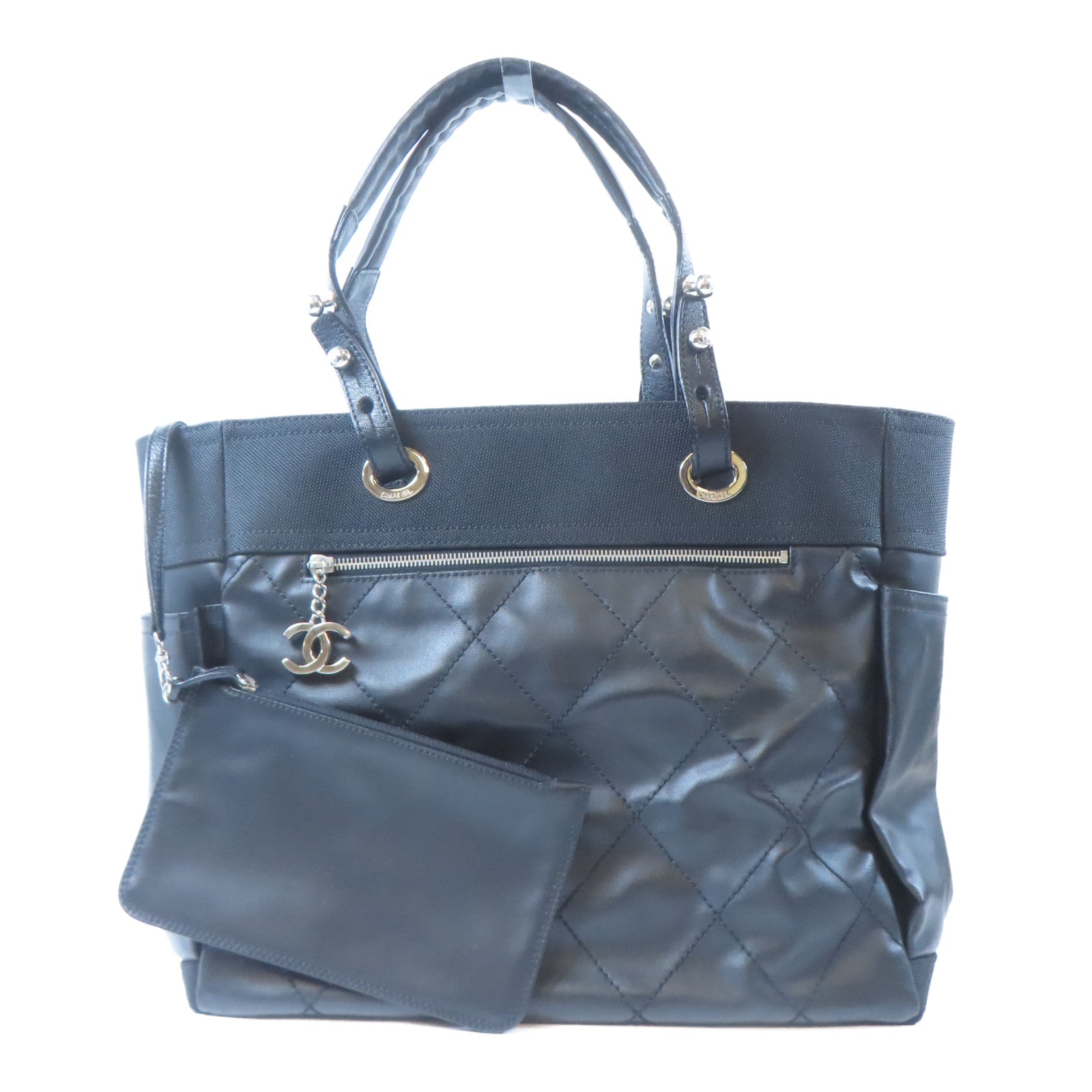 CHANEL 塗層帆布Tote Bag銀扣手挽袋黑色