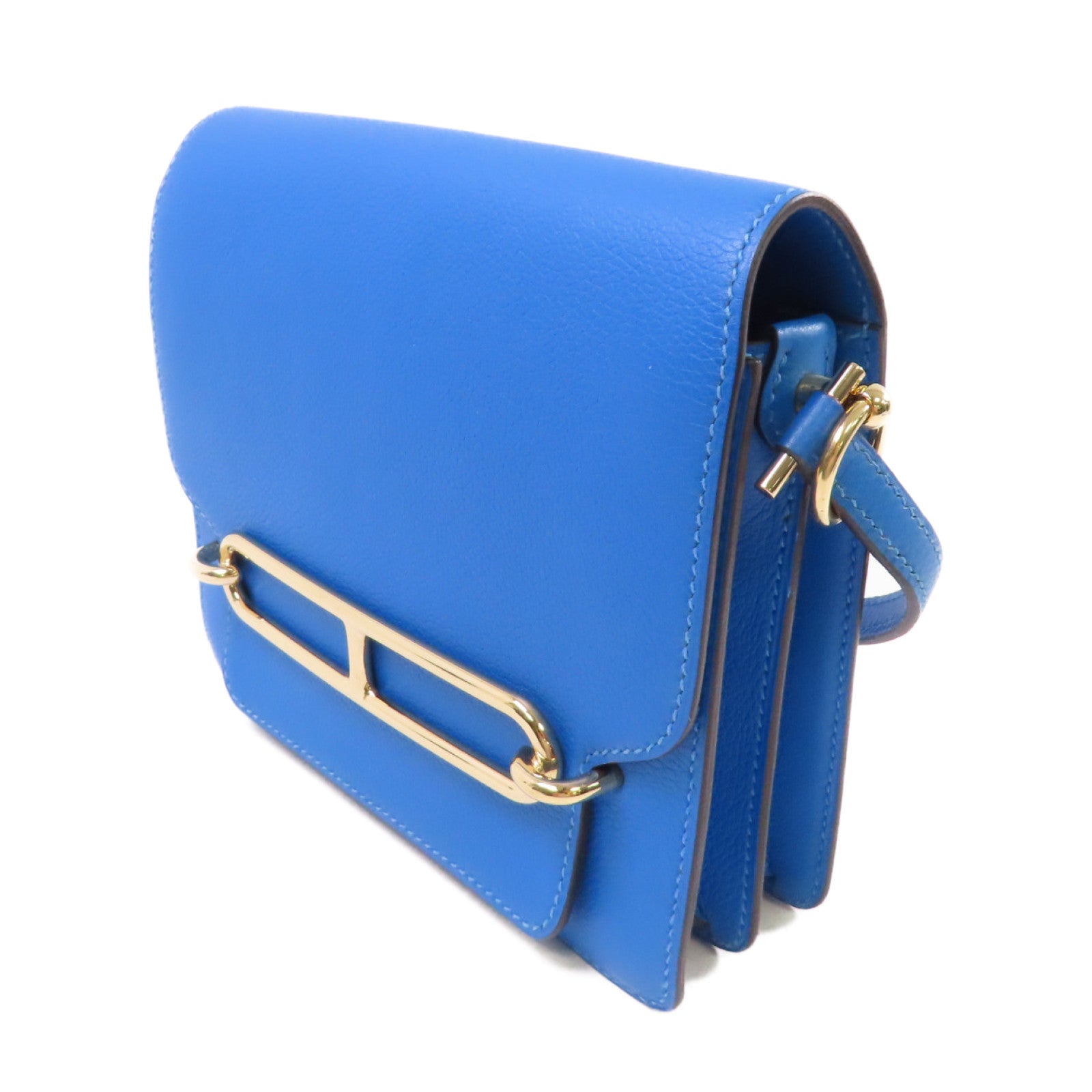 HERMES Evercolour皮革Mini Roulis Shoulder Bag金扣肩背袋T7 Bleu Saphir/寶石藍色
