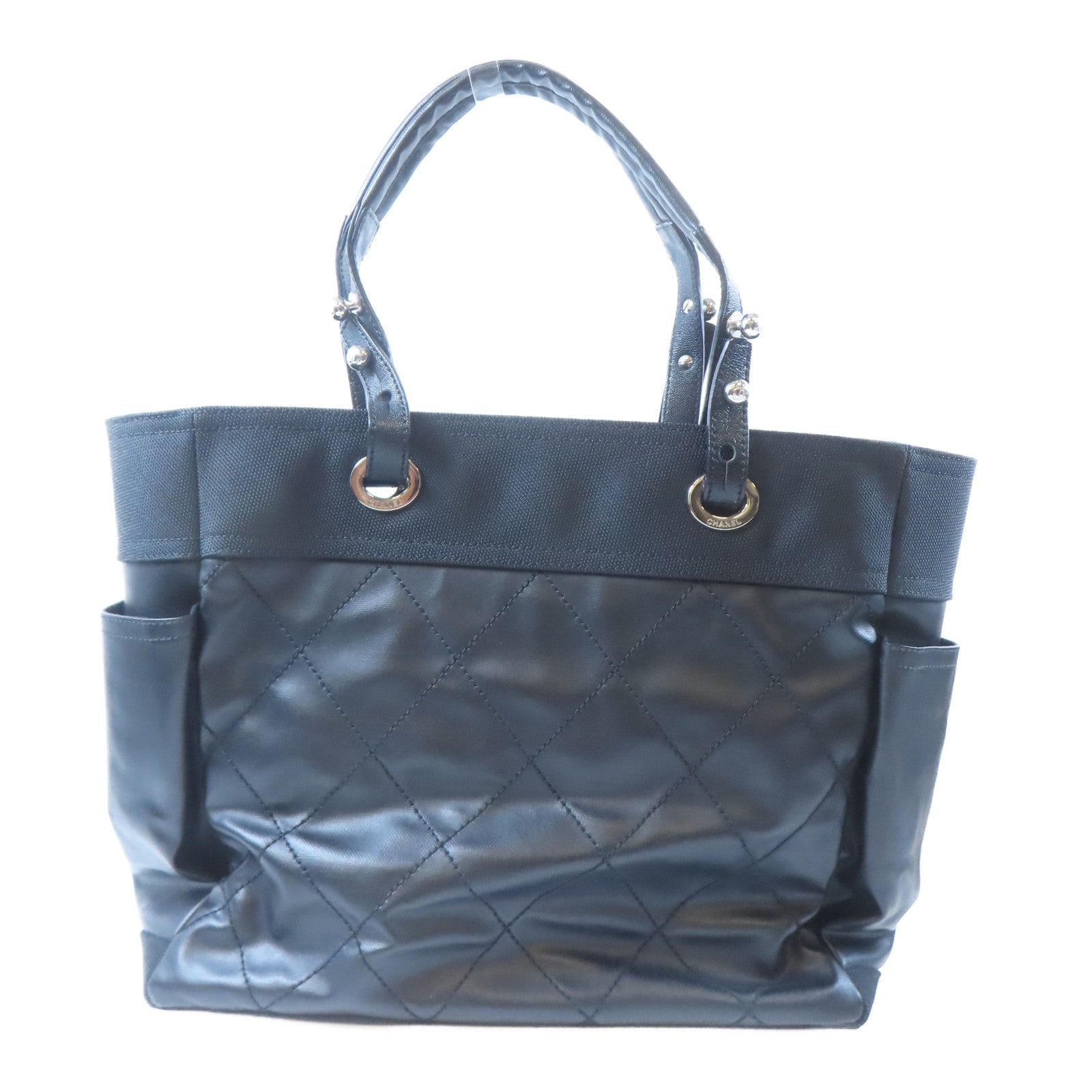 CHANEL 塗層帆布Tote Bag銀扣手挽袋黑色