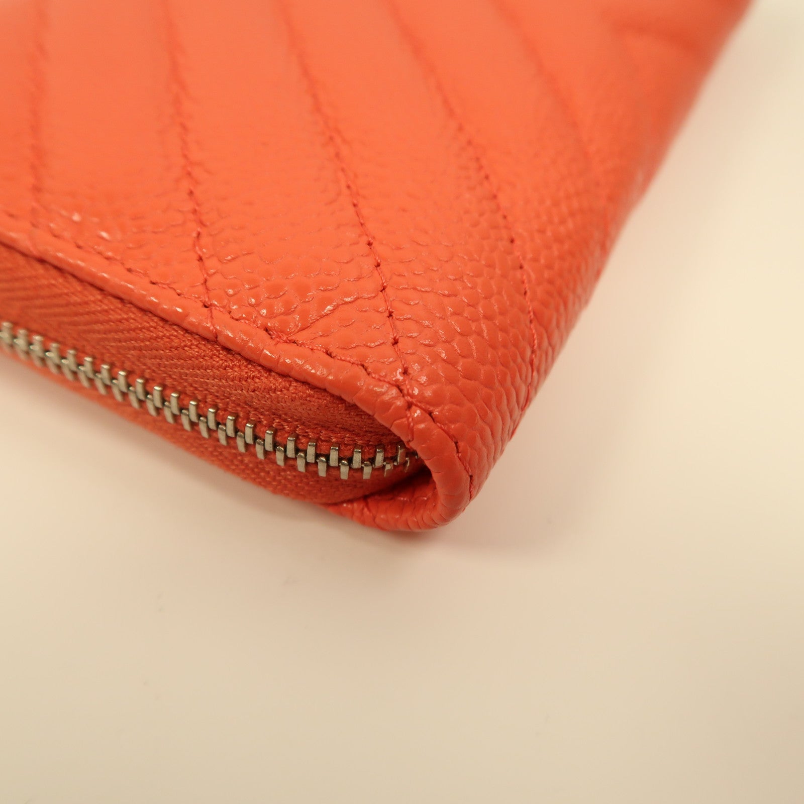CHANEL 牛皮皮革Long Wallet銀扣長錢包橙色