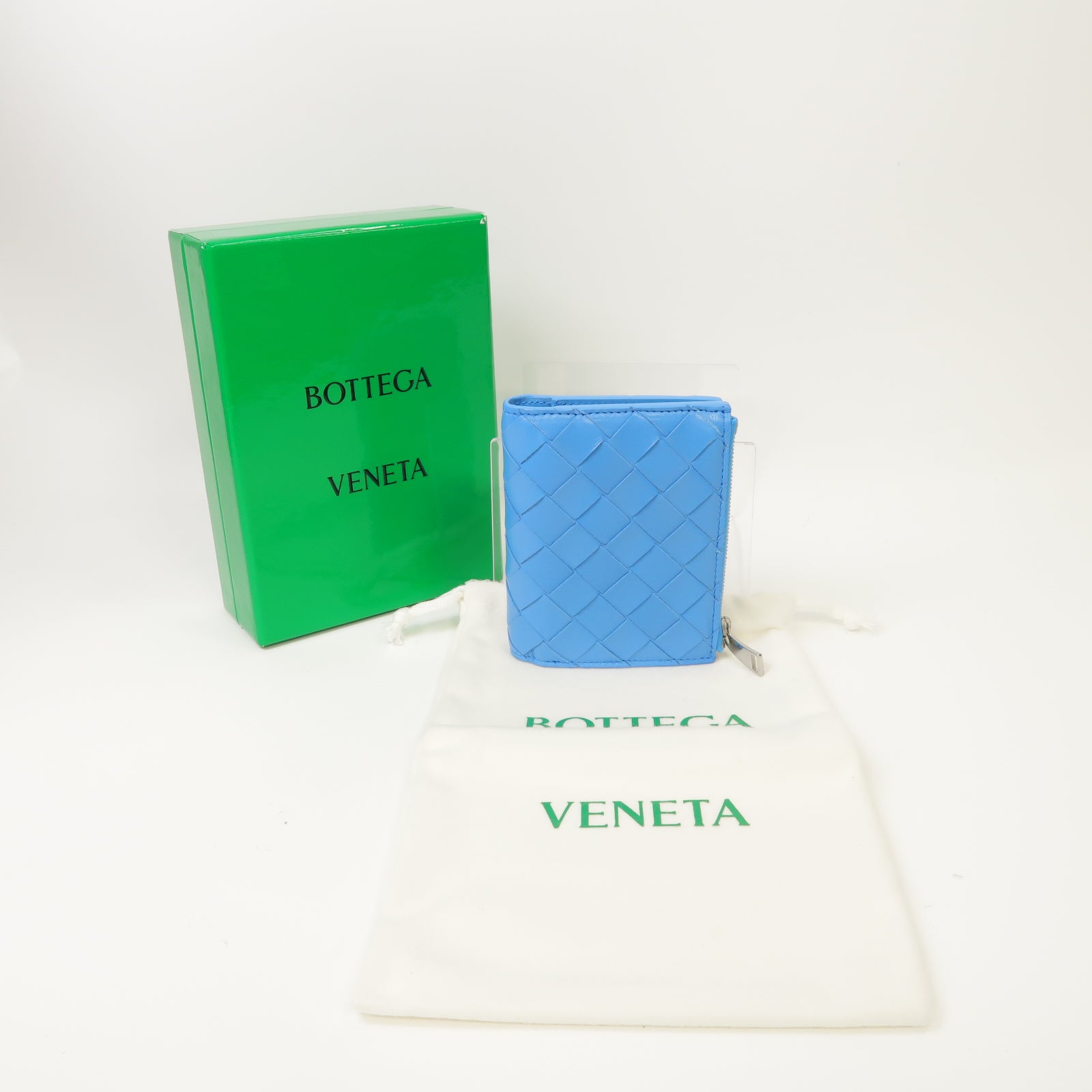 BOTTEGA VENETA 【激減優惠】織紋皮革Wallet銀扣錢包淺藍色