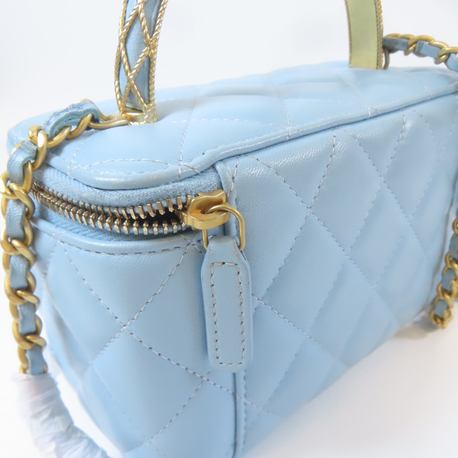 CHANEL 【激減優惠】菱格羊皮皮革Top Handle Vanity金扣手挽肩背兩用袋藍色