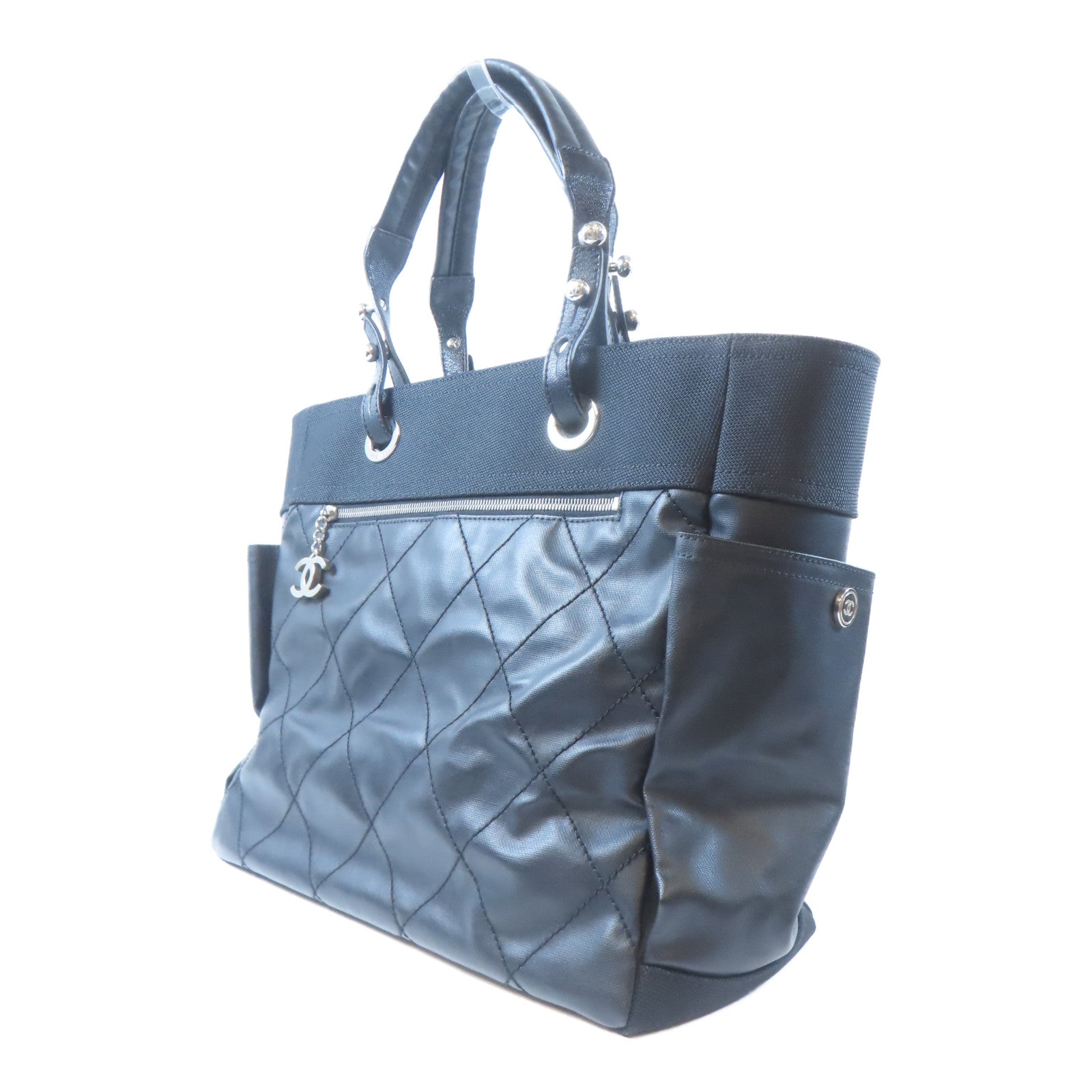 CHANEL 塗層帆布Tote Bag銀扣手挽袋黑色