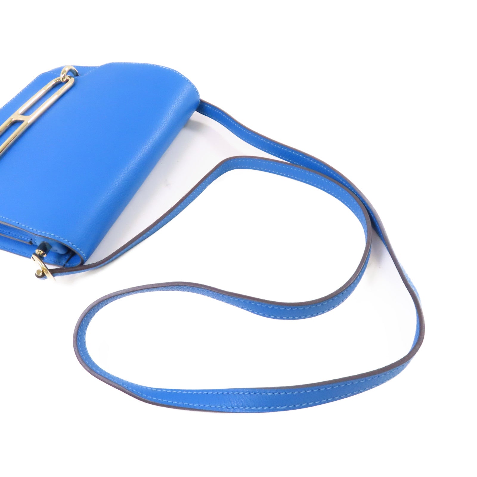 HERMES Evercolour皮革Mini Roulis Shoulder Bag金扣肩背袋T7 Bleu Saphir/寶石藍色