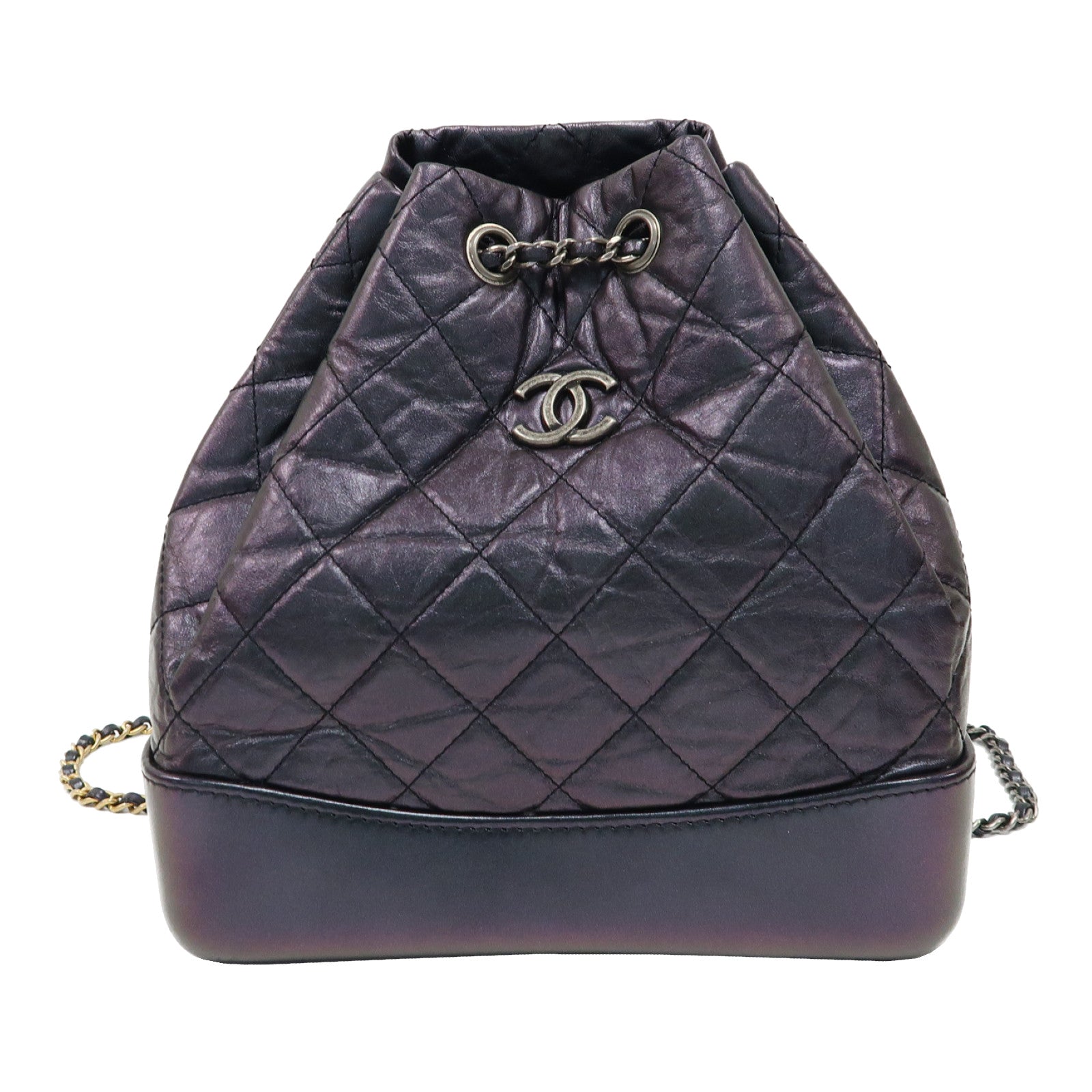 CHANEL 菱格羊皮皮革Gabrielle Backpack銀扣鏈帶背包黑色