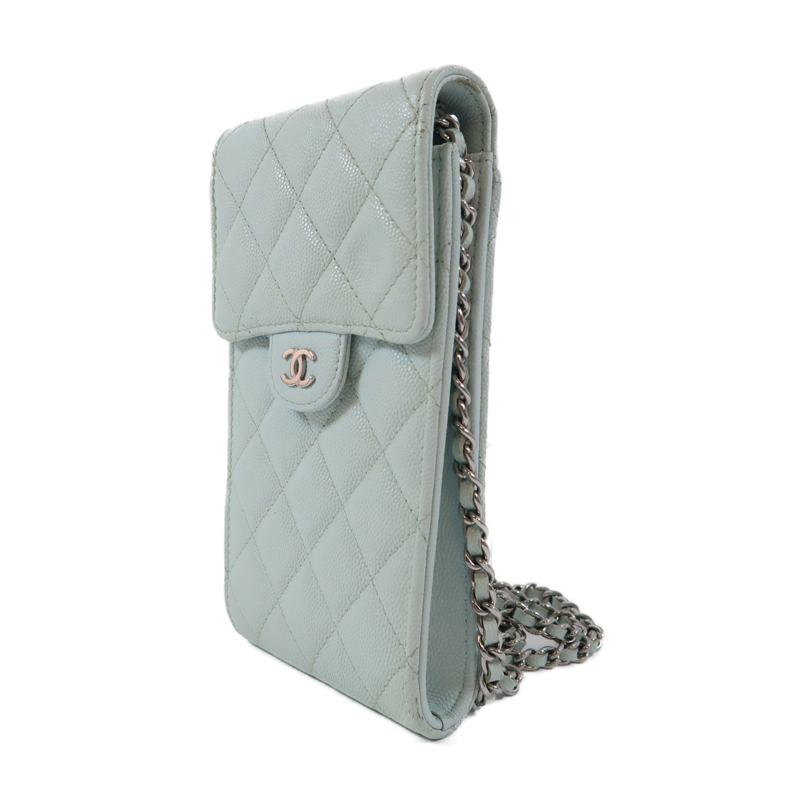 CHANEL 【激減優惠】菱格牛皮皮革Phone Bag銀扣鏈帶肩背袋淺綠色