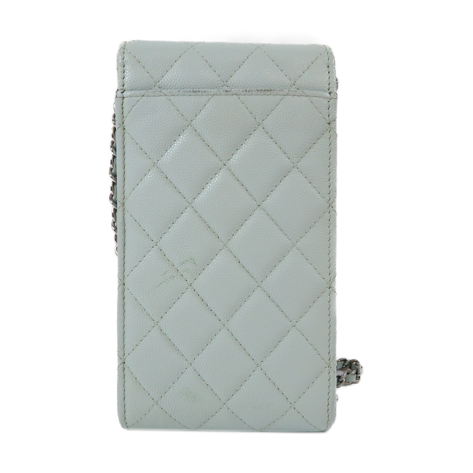 CHANEL 【激減優惠】菱格牛皮皮革Phone Bag銀扣鏈帶肩背袋淺綠色