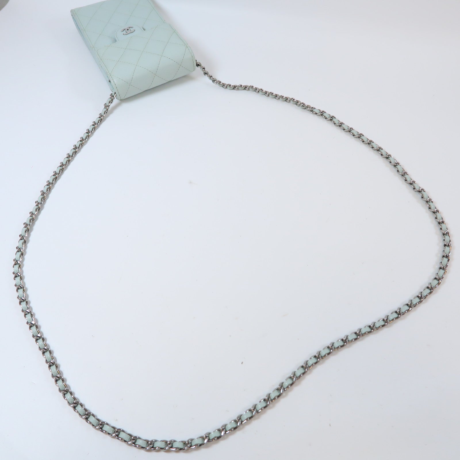 CHANEL 【激減優惠】菱格牛皮皮革Phone Bag銀扣鏈帶肩背袋淺綠色