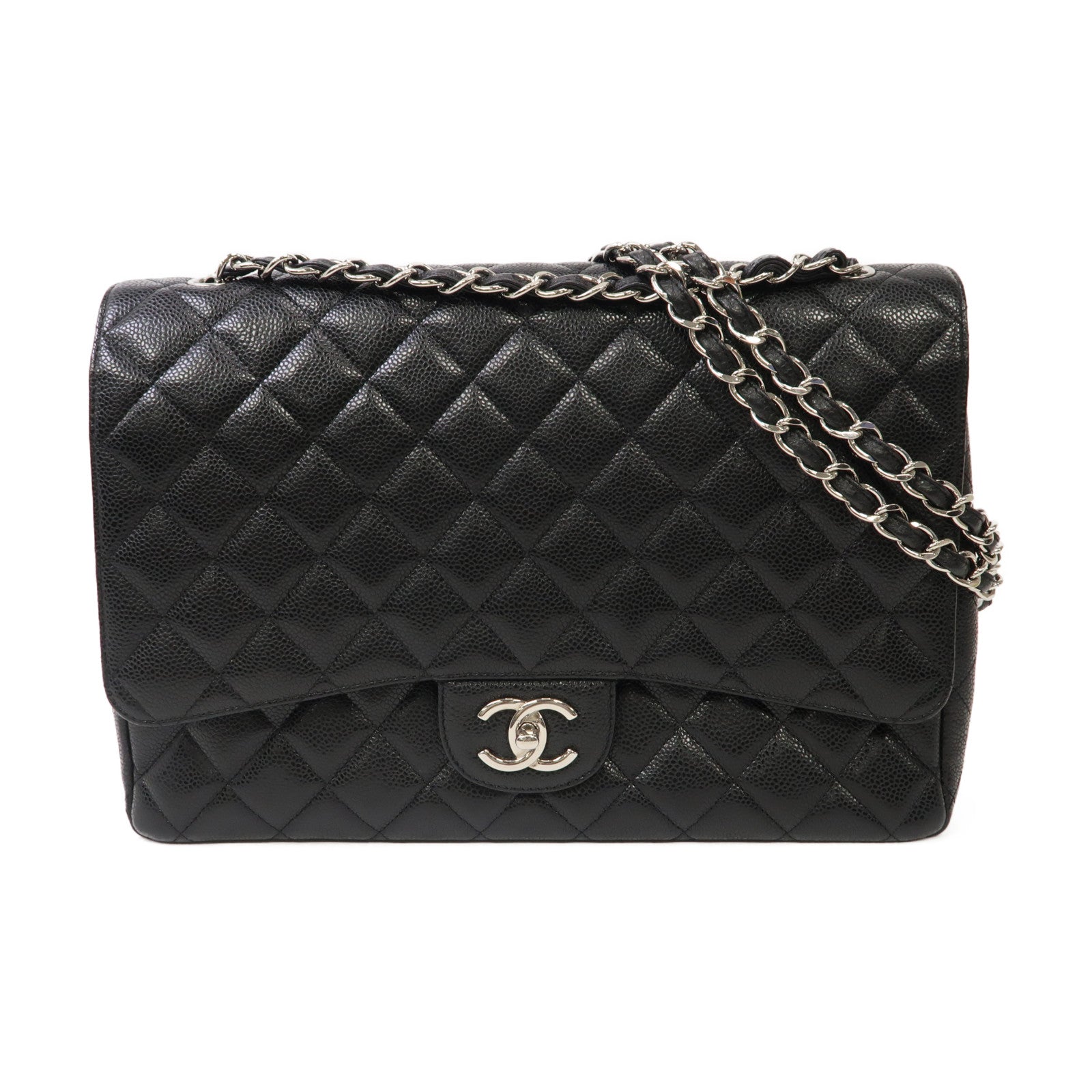 CHANEL 【激減優惠】菱格牛皮皮革Maxi Jumbo銀扣鏈帶肩背袋黑色