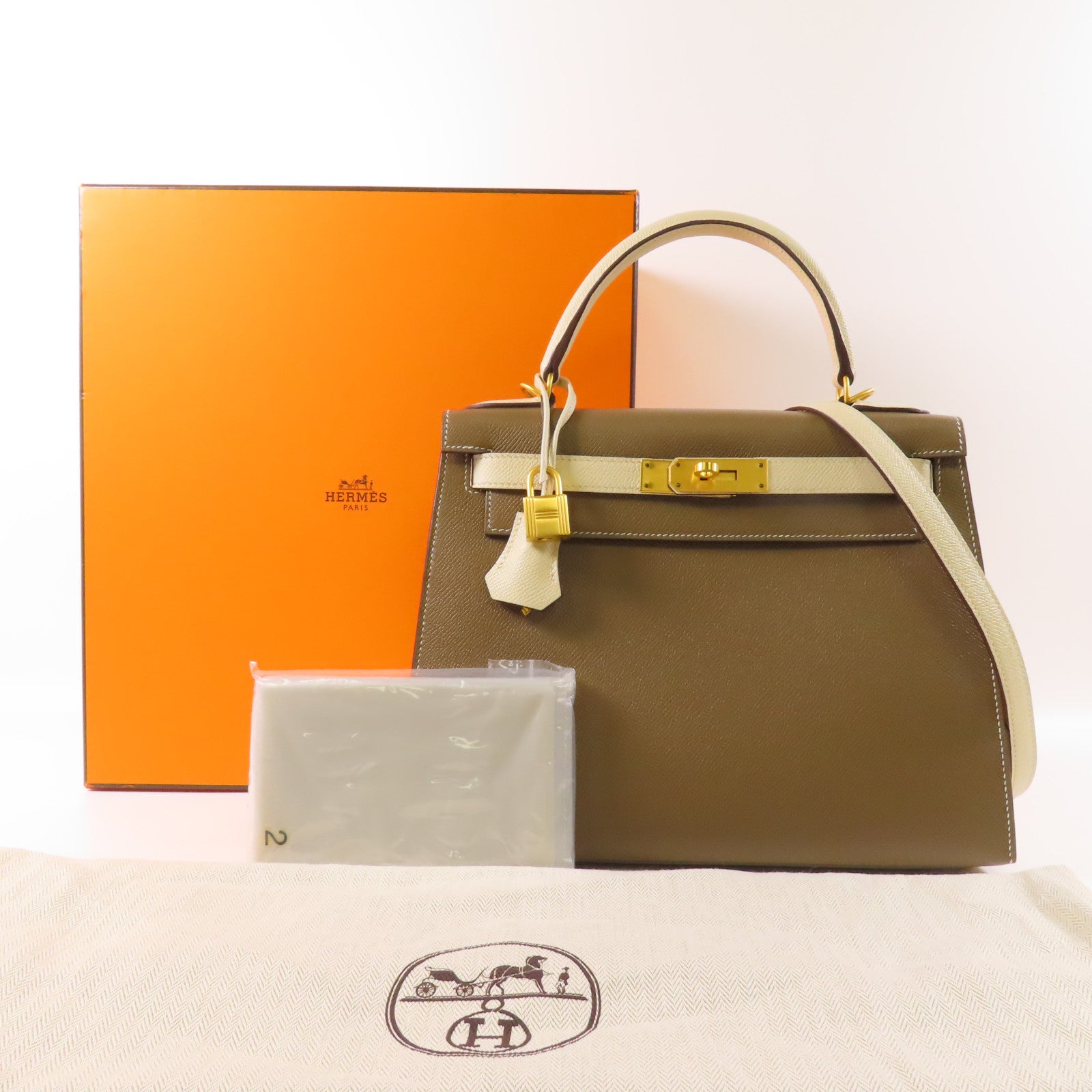 HERMES Epsom皮革Kelly 28金扣手挽肩背兩用袋18 Etoupe/Cream