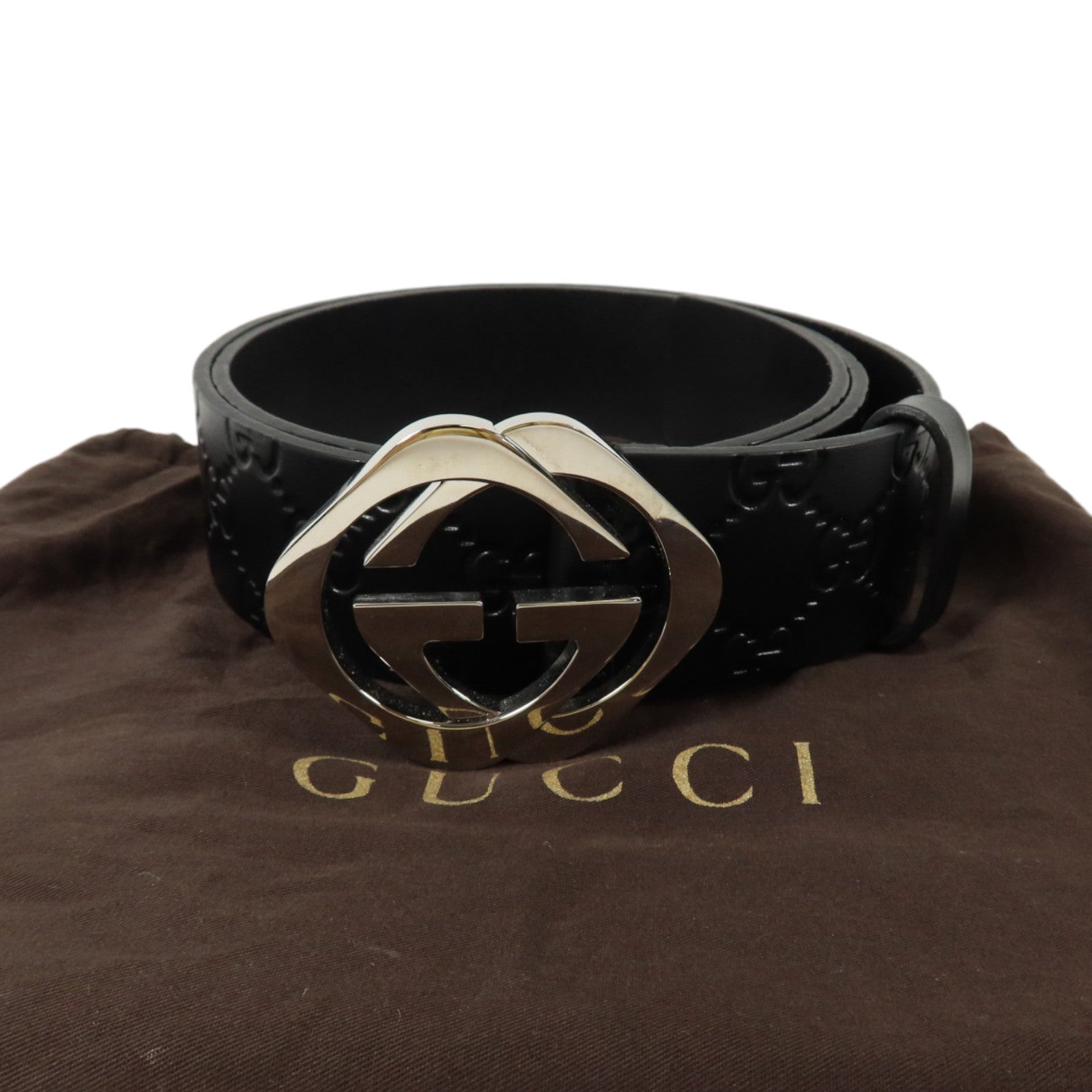 GUCCI 牛皮皮革Interlocking G Belt 90cm銀扣皮帶