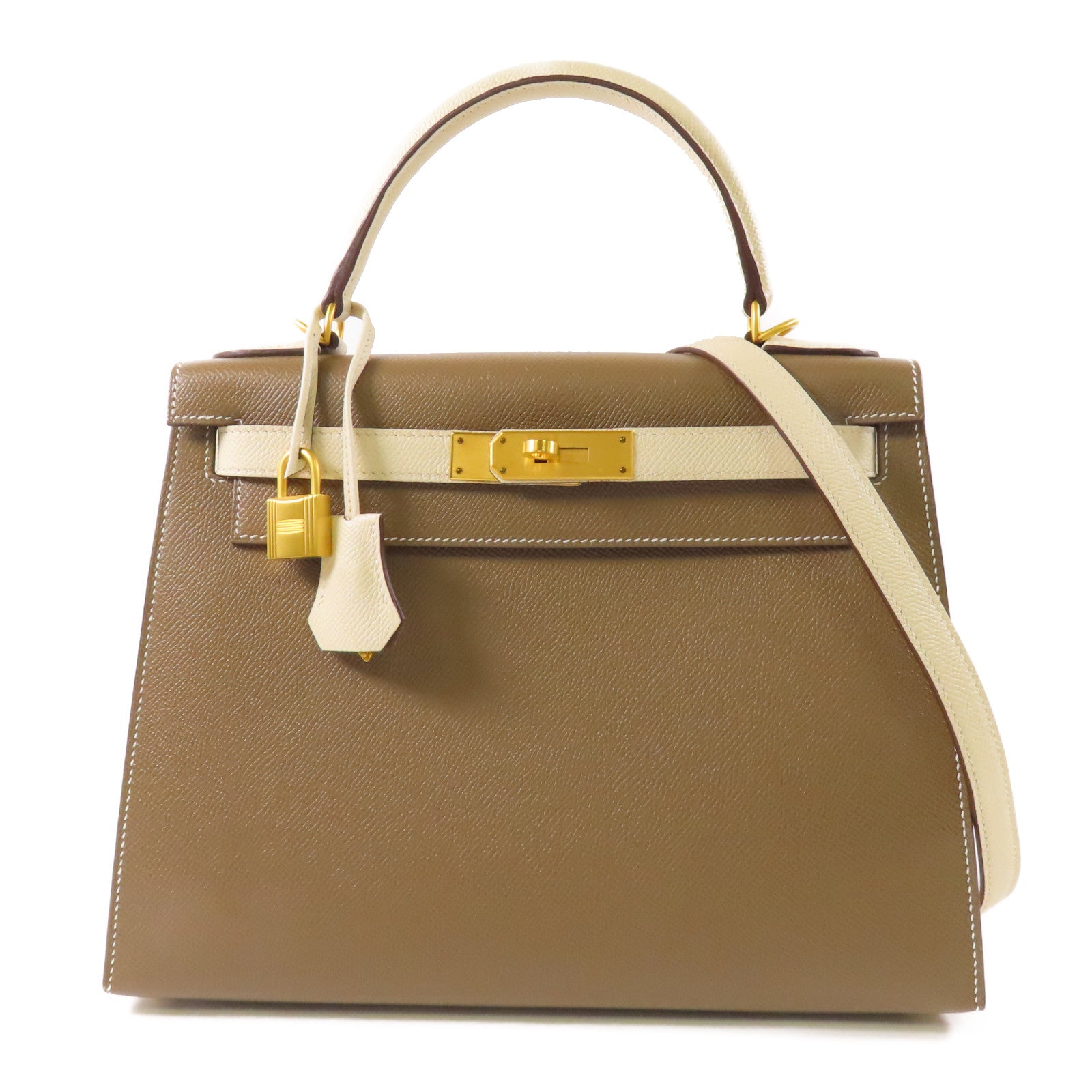 HERMES Epsom皮革Kelly 28金扣手挽肩背兩用袋18 Etoupe/Cream